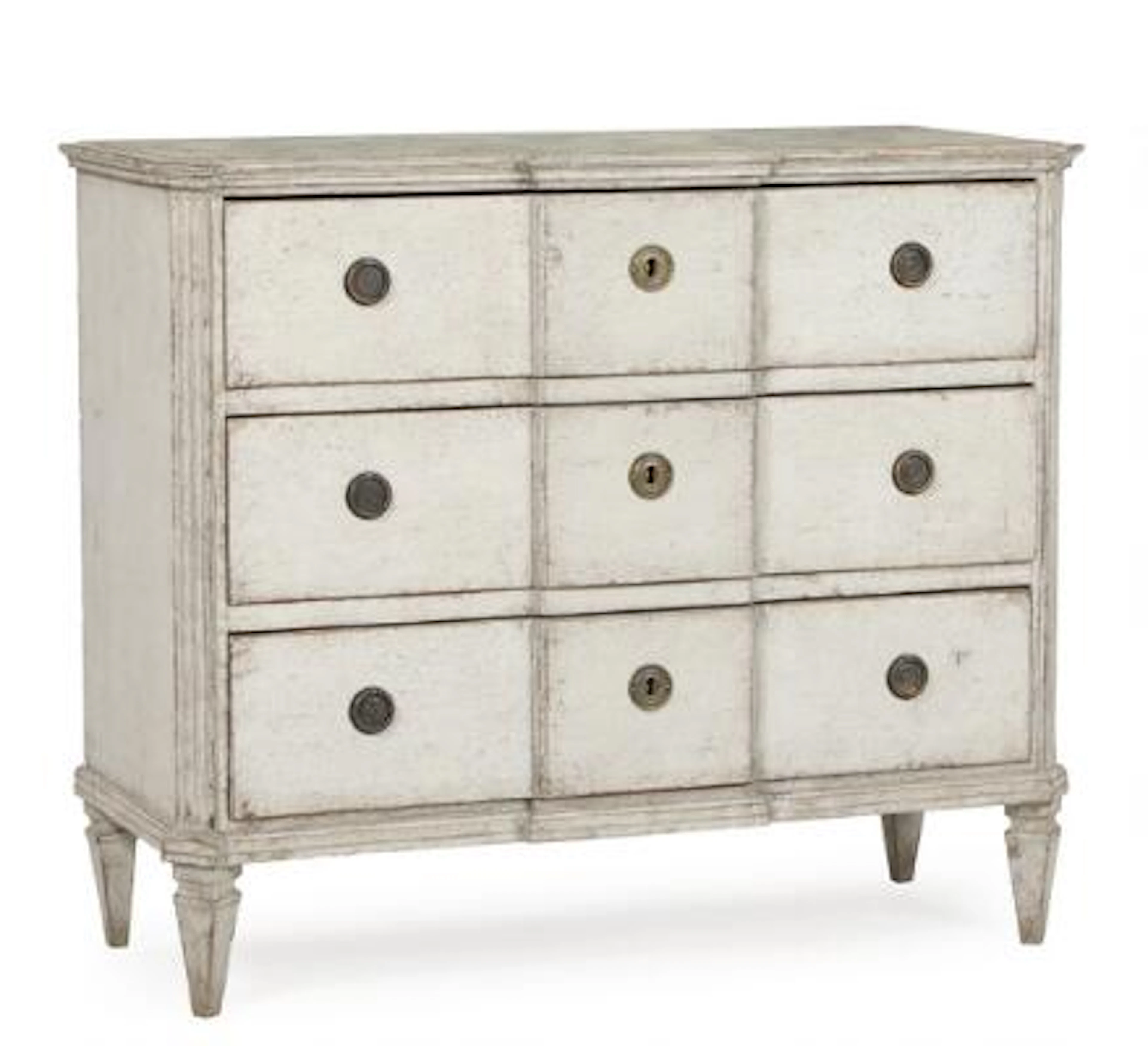 Gustavian chest of drawers of partly marbled and grey-painted wood.