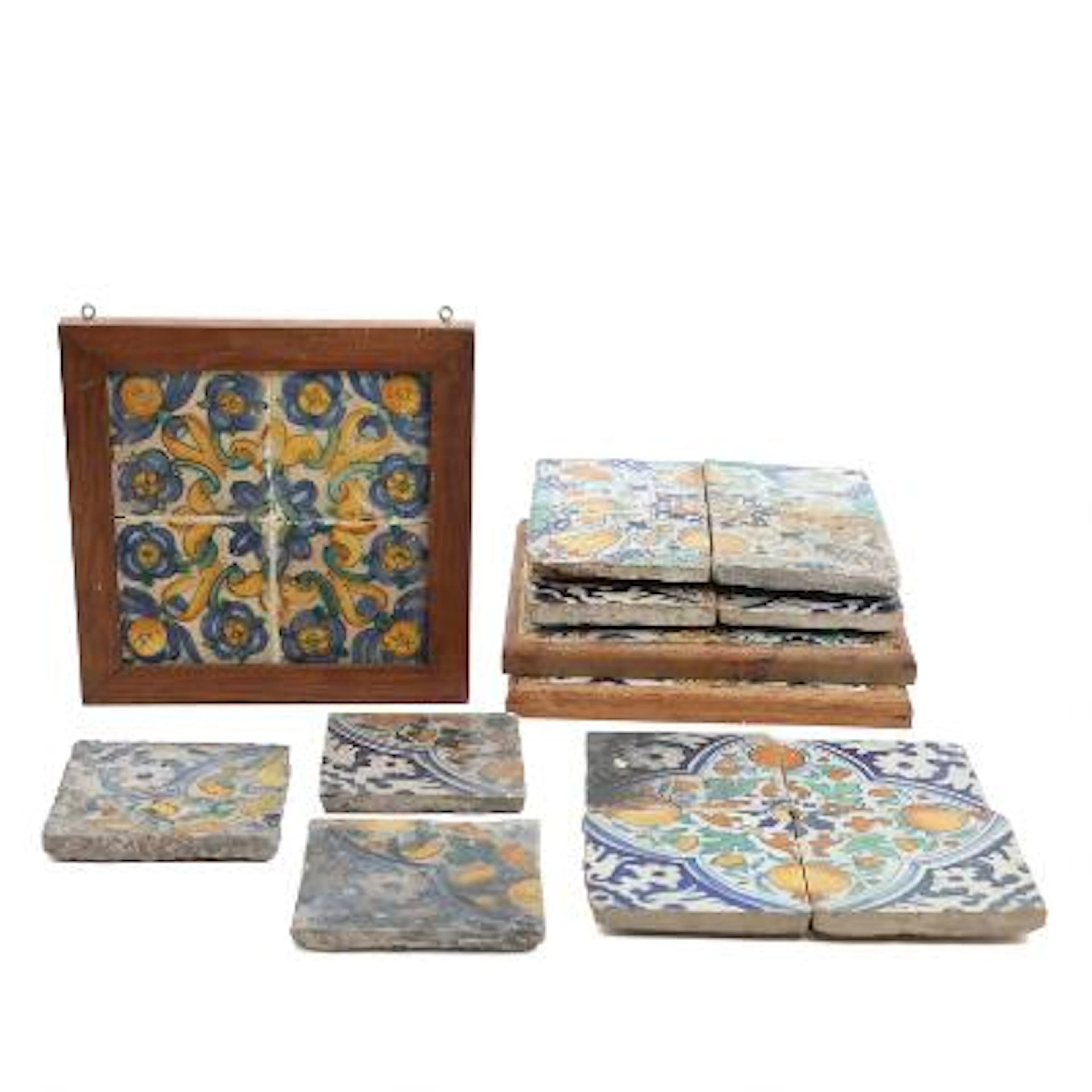 Six tile panels and three loose tiles of faience. Holland and Spain.