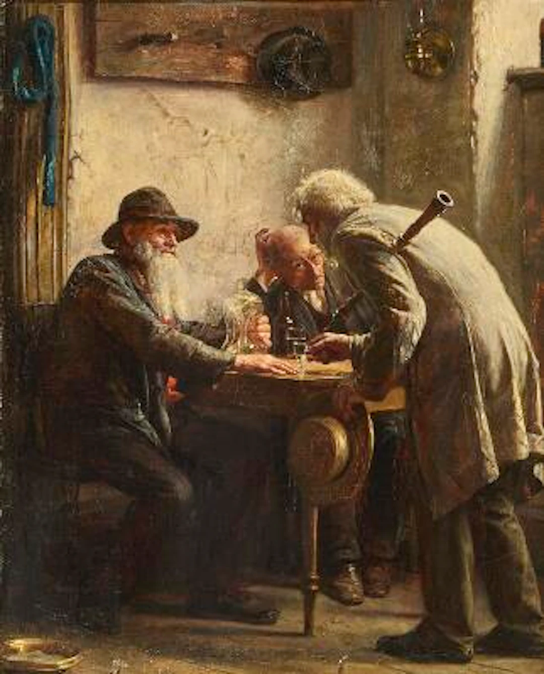 Carl Bloch: Interior with three old chaps in a tavern. Signed Carl