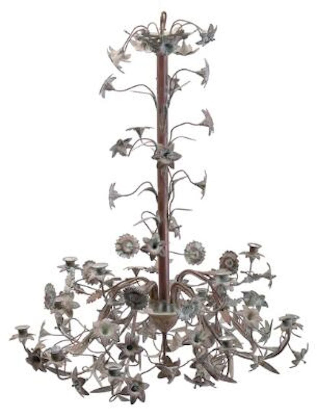 French chandelier in patinated copper with fifteen light arms in two