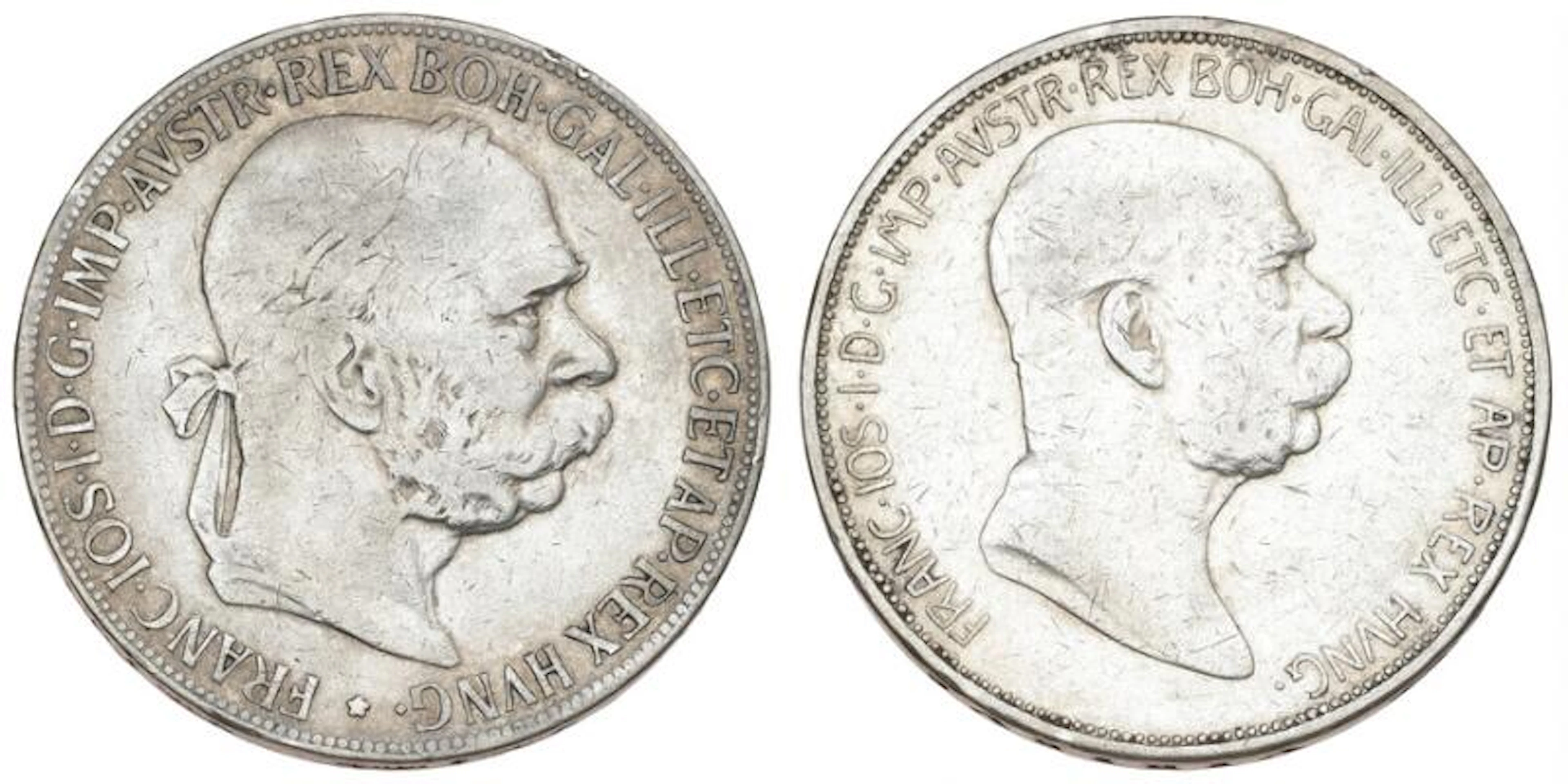 Austria, Franz Joseph I, 5 Corona 1900, KM 2807, and 5 Corona 1909