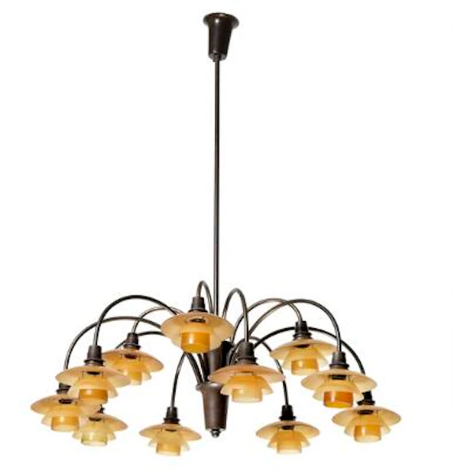Poul Henningsen: "PH-1/1 Cascade". Browned brass 12-arm chandelier