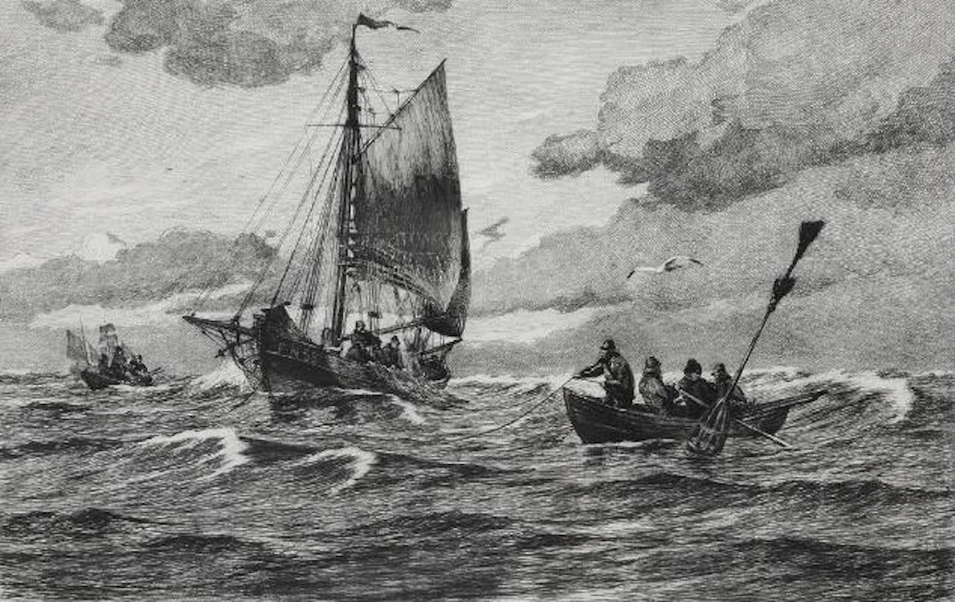 Carl Locher: "Fiskere på havet", 1903. Signed in the print Carl Locher