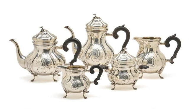 Coffee and tea service in silver, Rococo style, Copenhagen hallmark