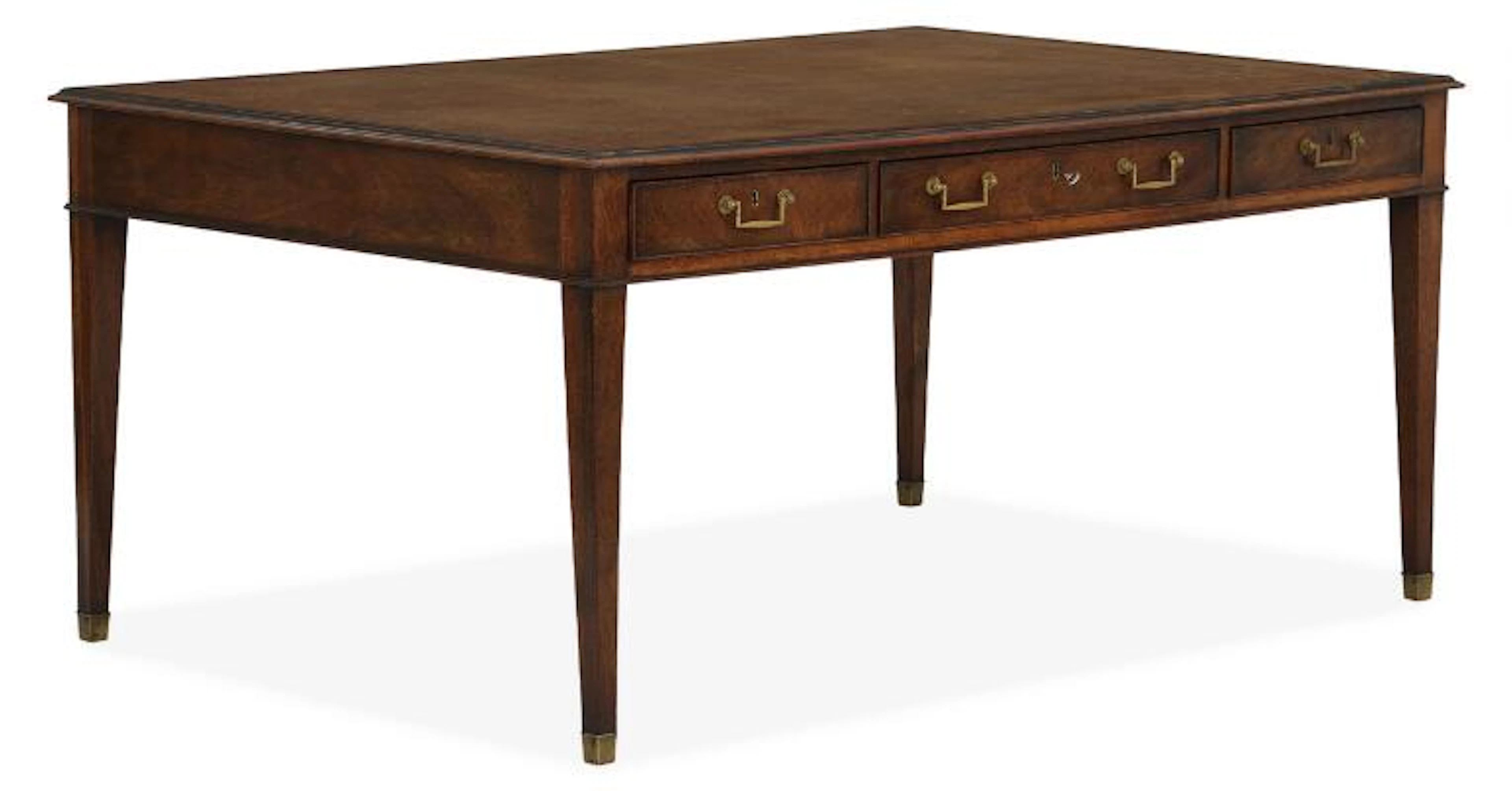 An English mahogany partners desk with brown gilt-tooled leather top