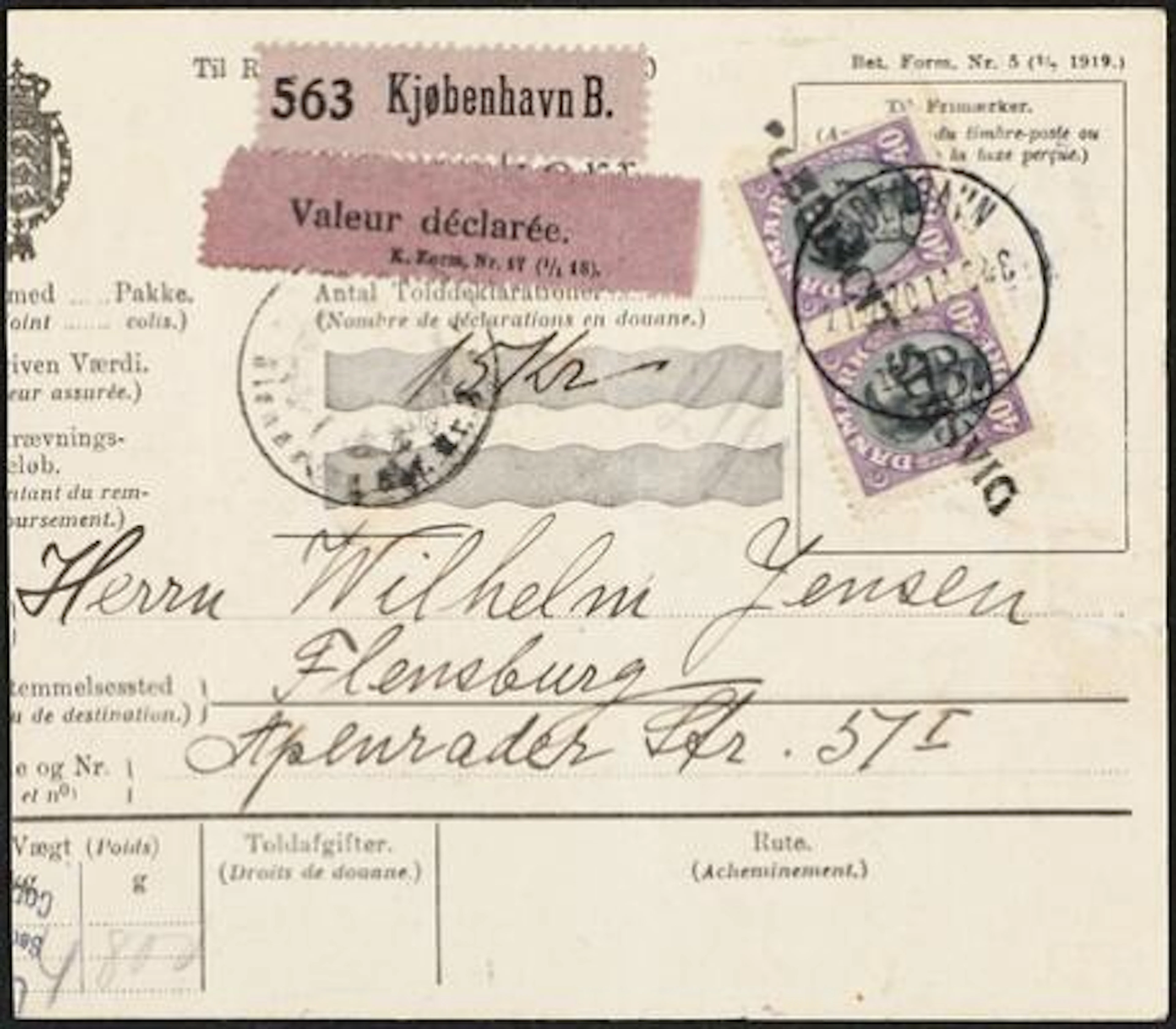 Schleswig. 1920. Parcelcard to Flensburg with pair Christian X. 40