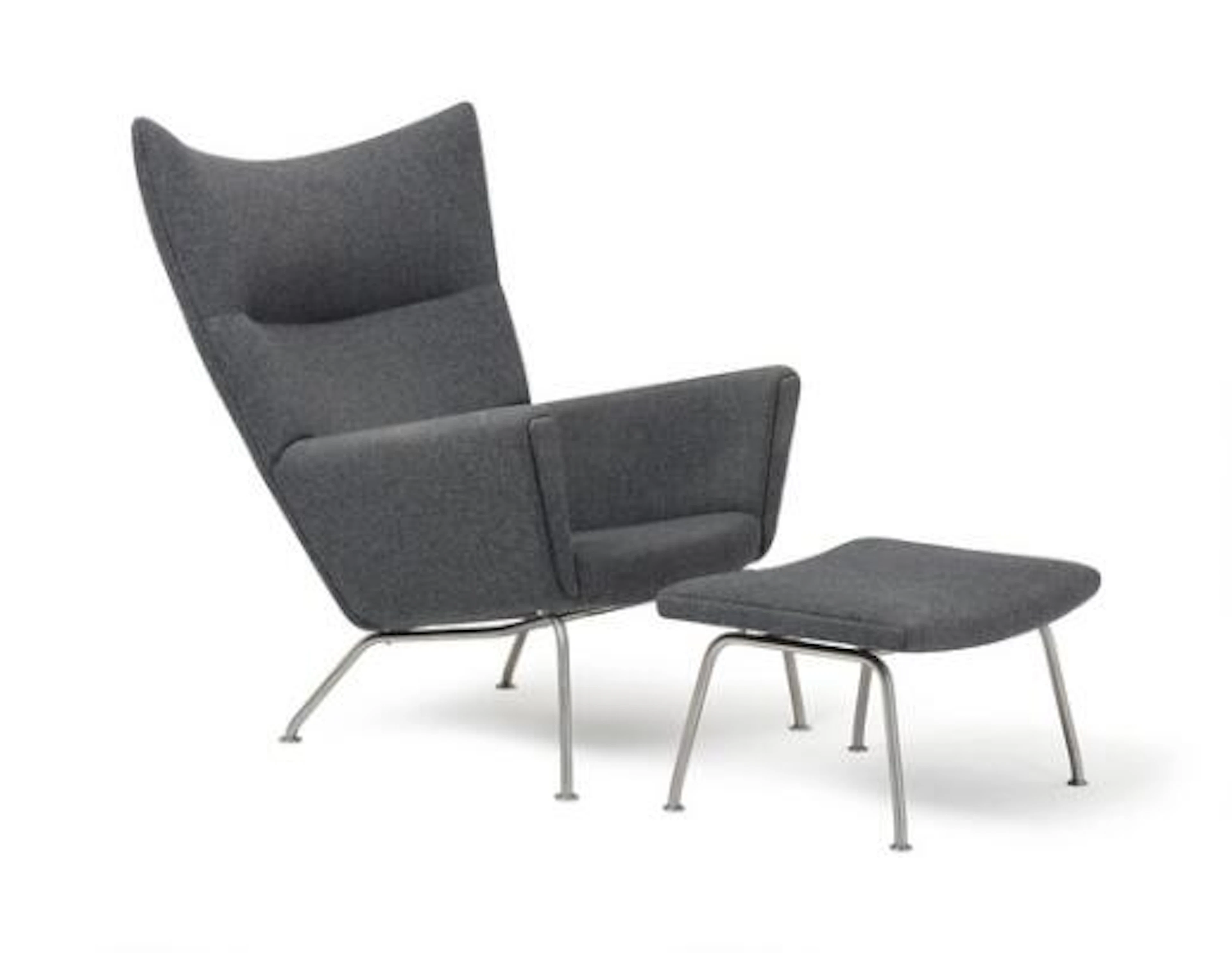 Hans J. Wegner: "Wingchair". Highback easy chair and stool upholstered