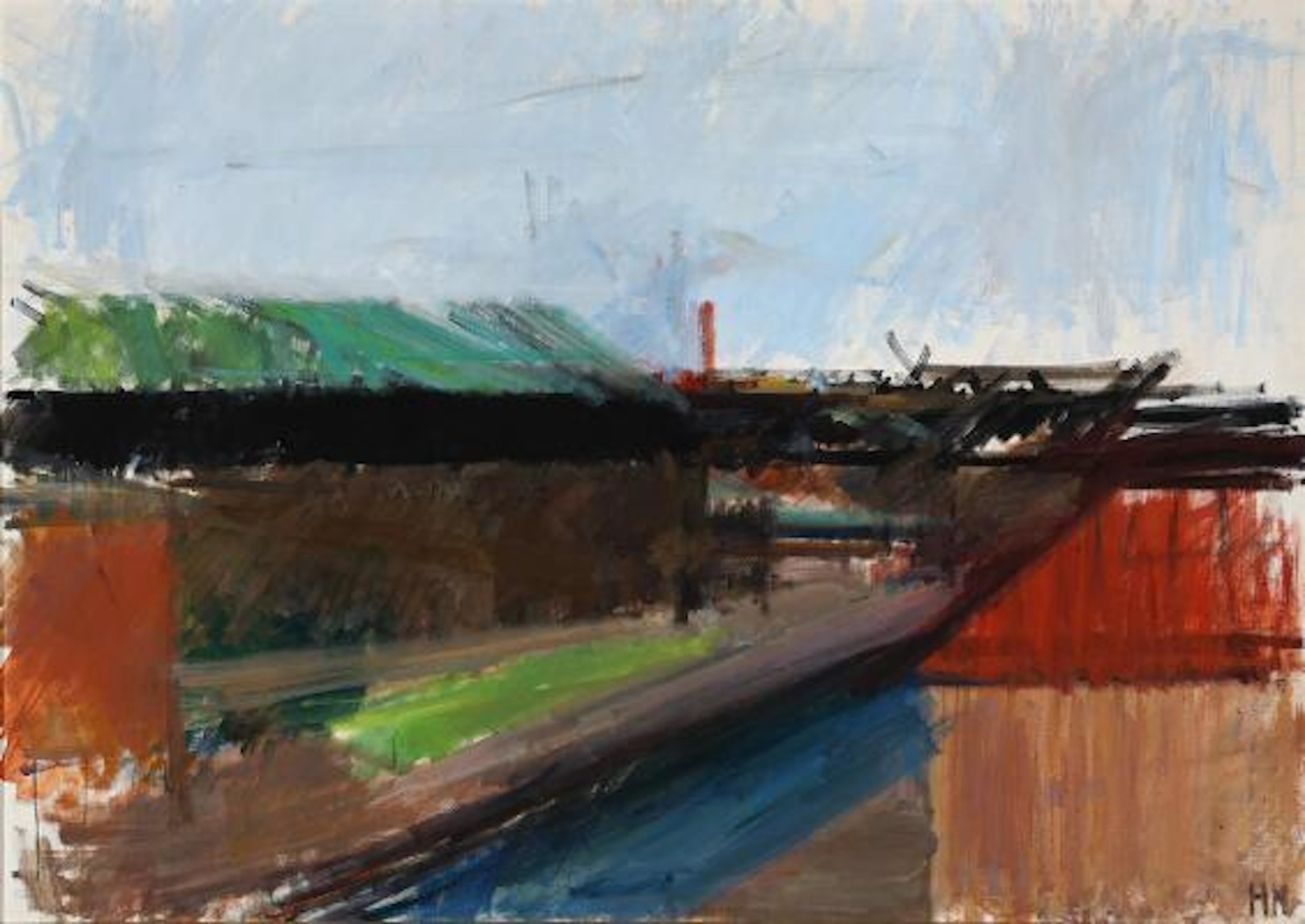 Søren Hjorth-Nielsen: View with houses. Signed HN. Oil on canvas.