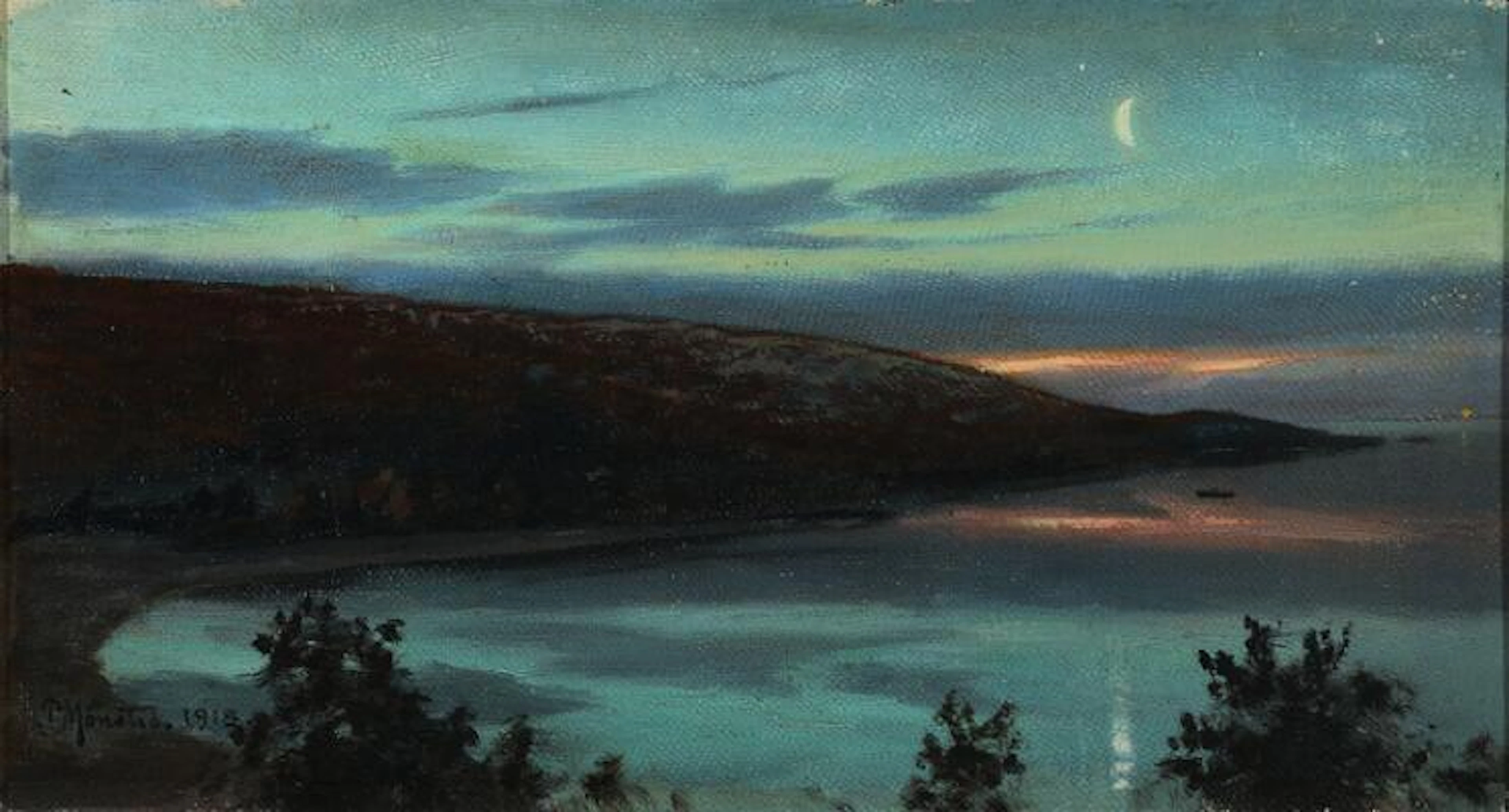 Peder Mønsted: A view of a moonlit coast. Signed and dated P. Mønsted