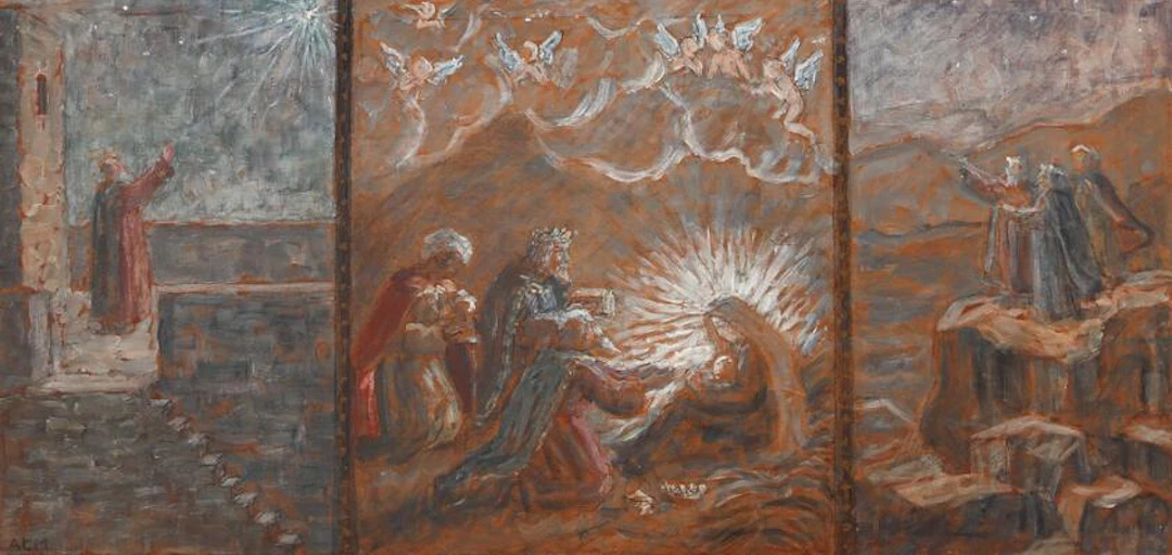 Anna Elisabeth Munch: Triptych with religious scenes. Signed AEM.