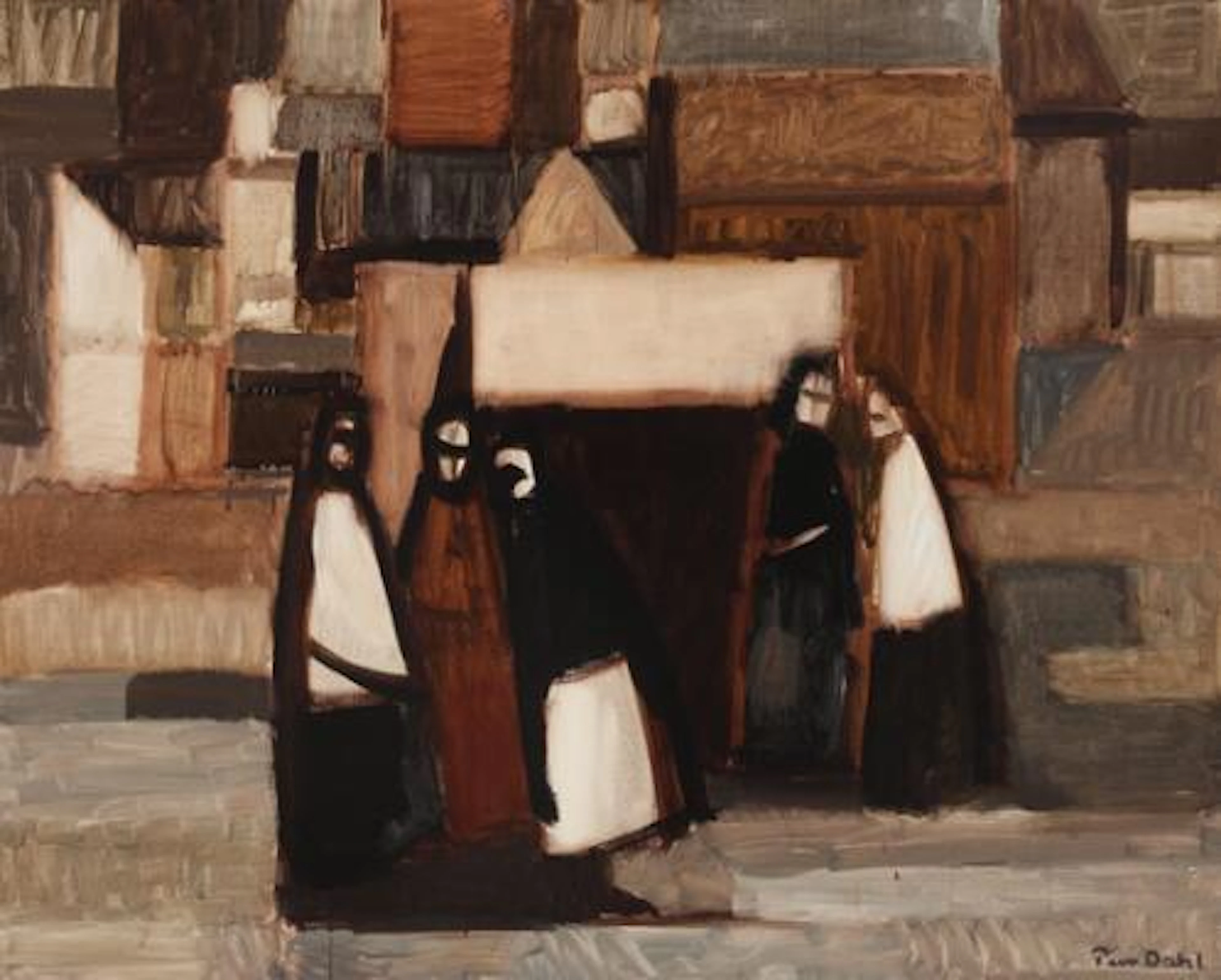 Peer Lorentz Dahl: "Koner foran en by". Signed Peer Dahl. Oil on canvas.