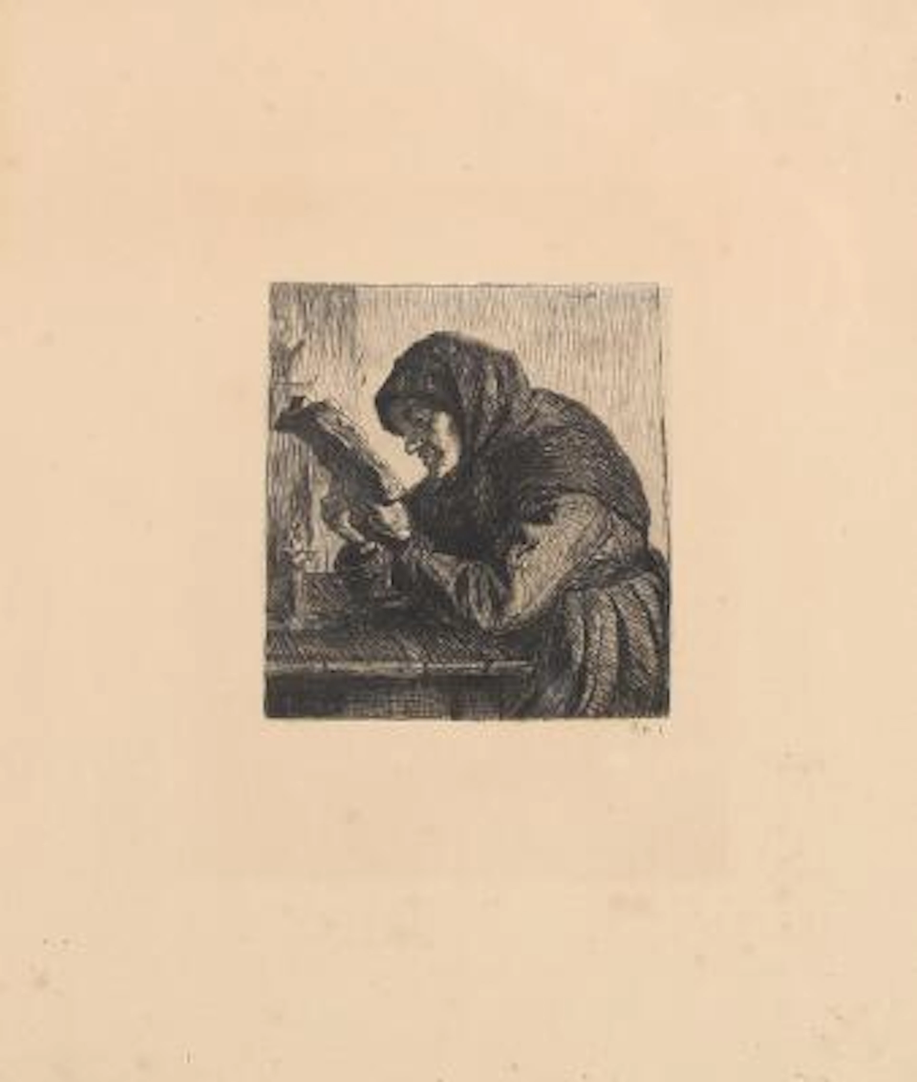 Anna Ancher: “Læsende gammel kone”. Opus 1. Signed in print. Etching.