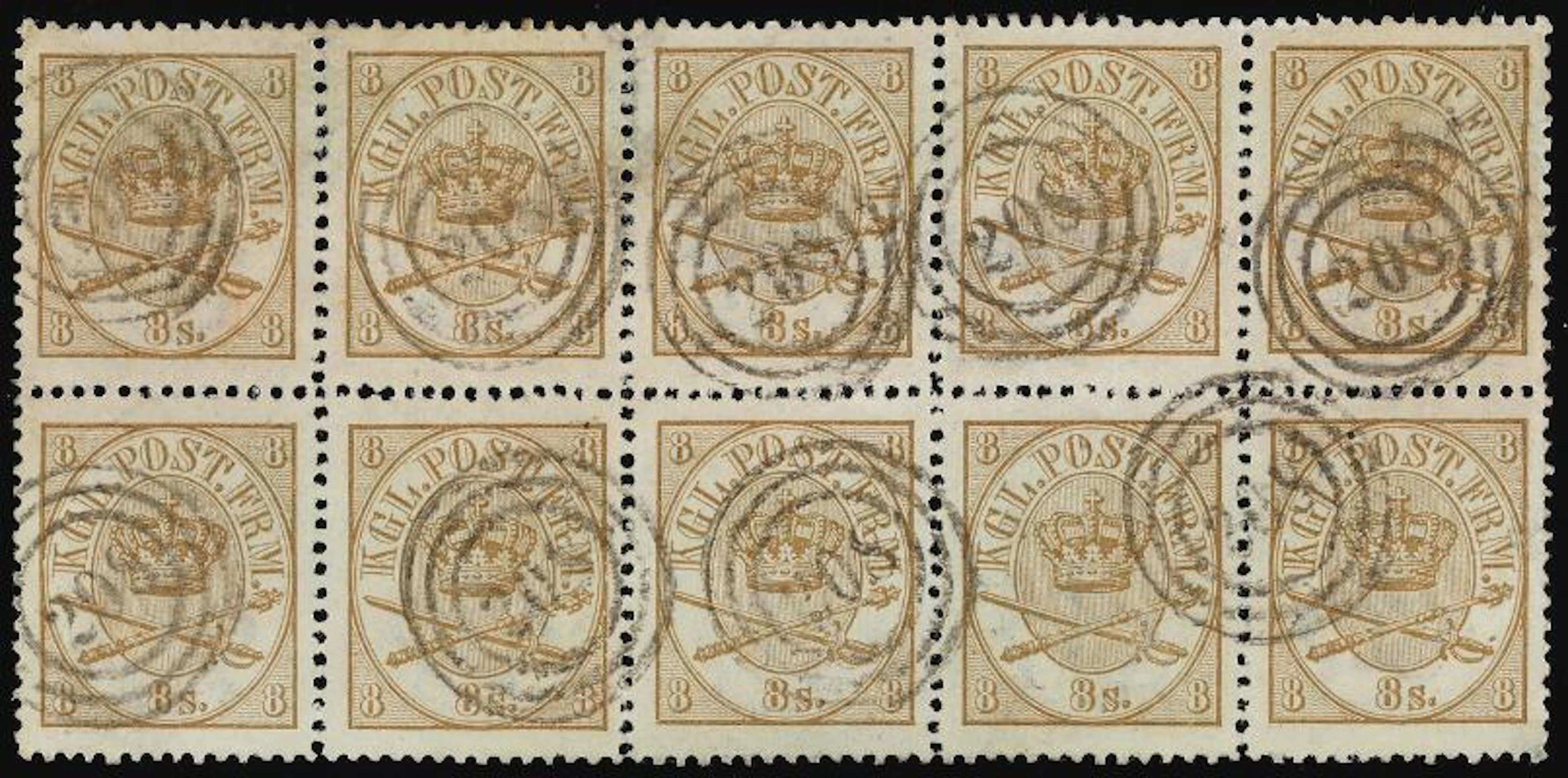 1864. 8 sk. 1.tryk. Pos. 66-70/76-80. Used BLOCK OF 10. LARGEST KNOWN