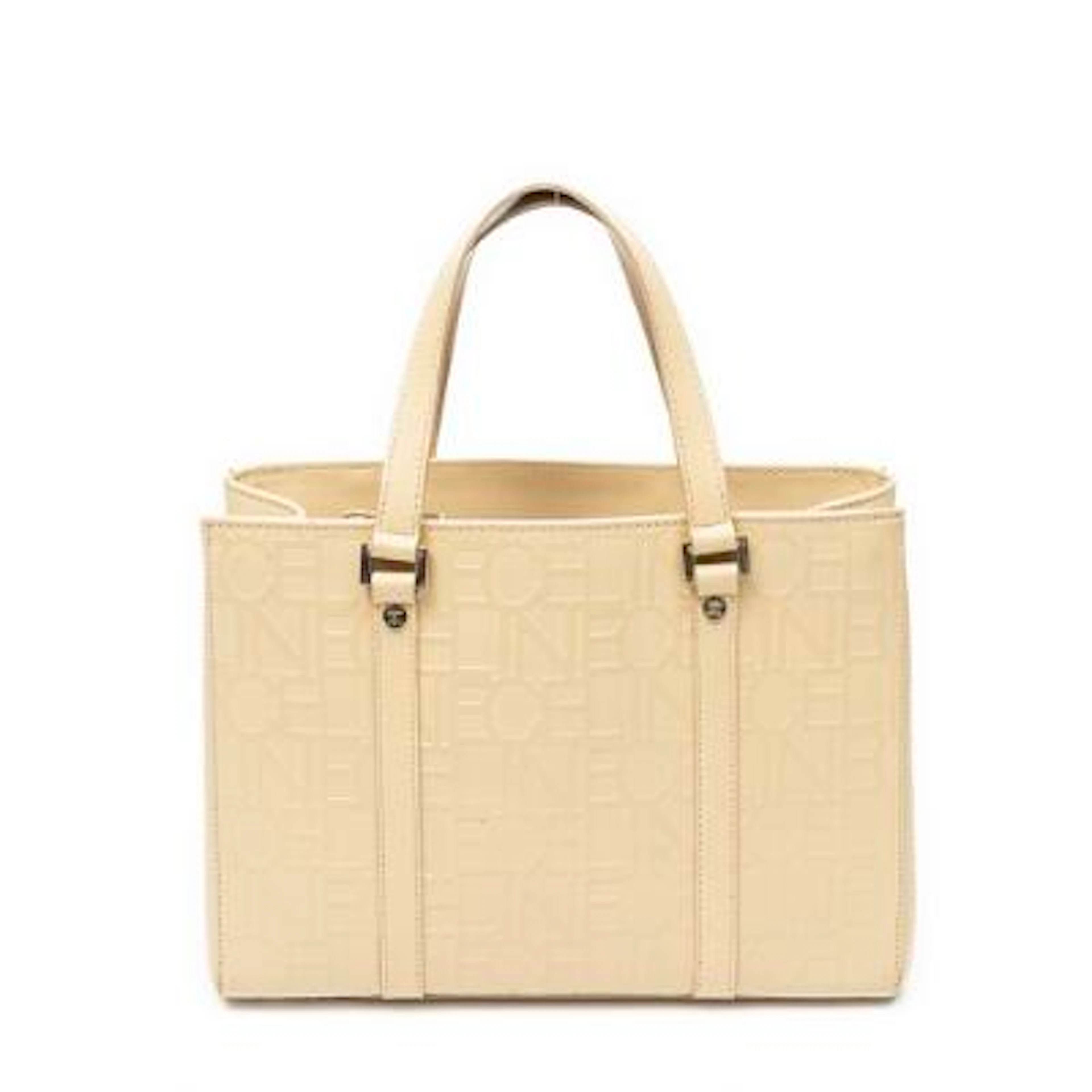 Celine: A "Small open tote" in beige monogram leather with two handles