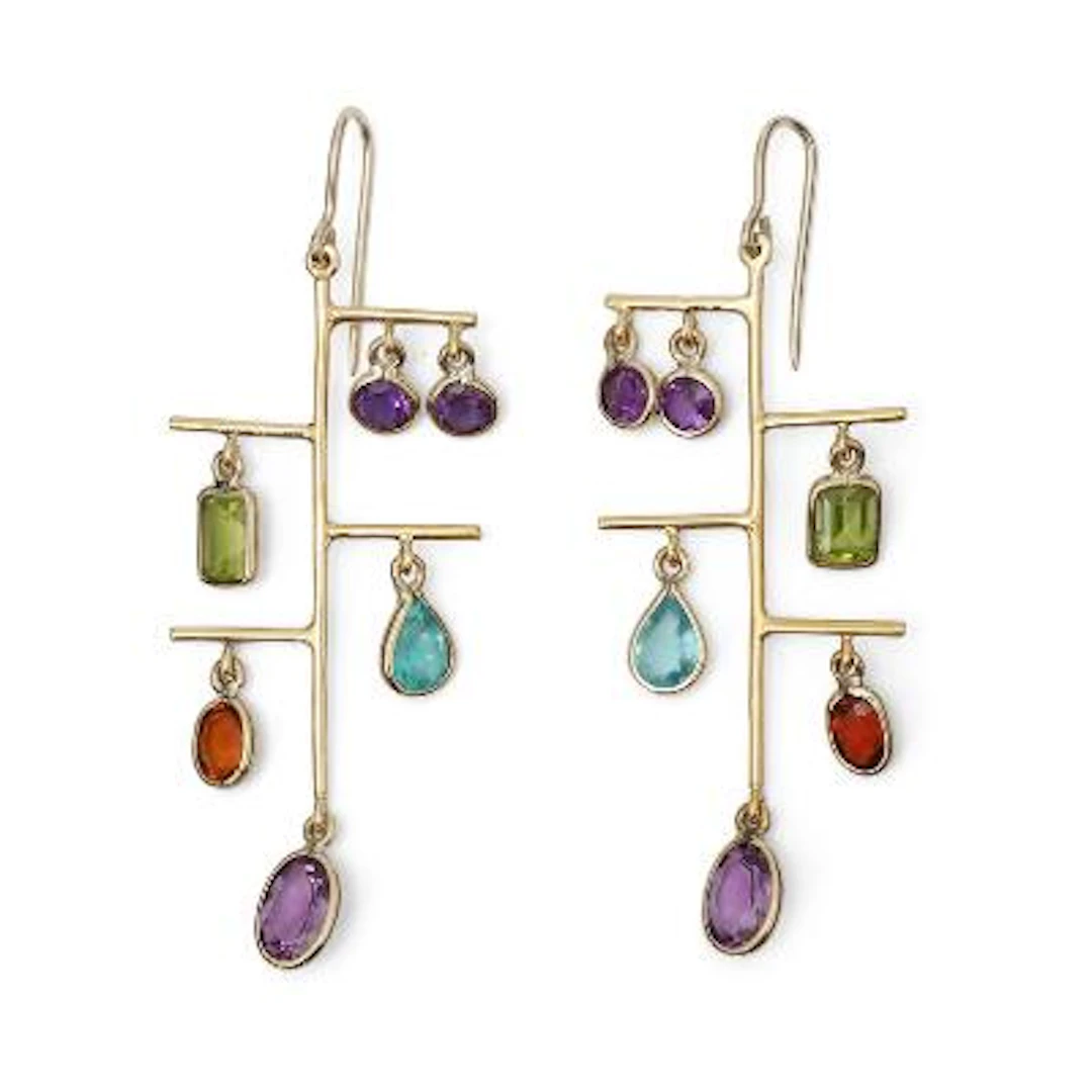 A pair of ear pendants set with amethyst, citrine and tourmaline mounted