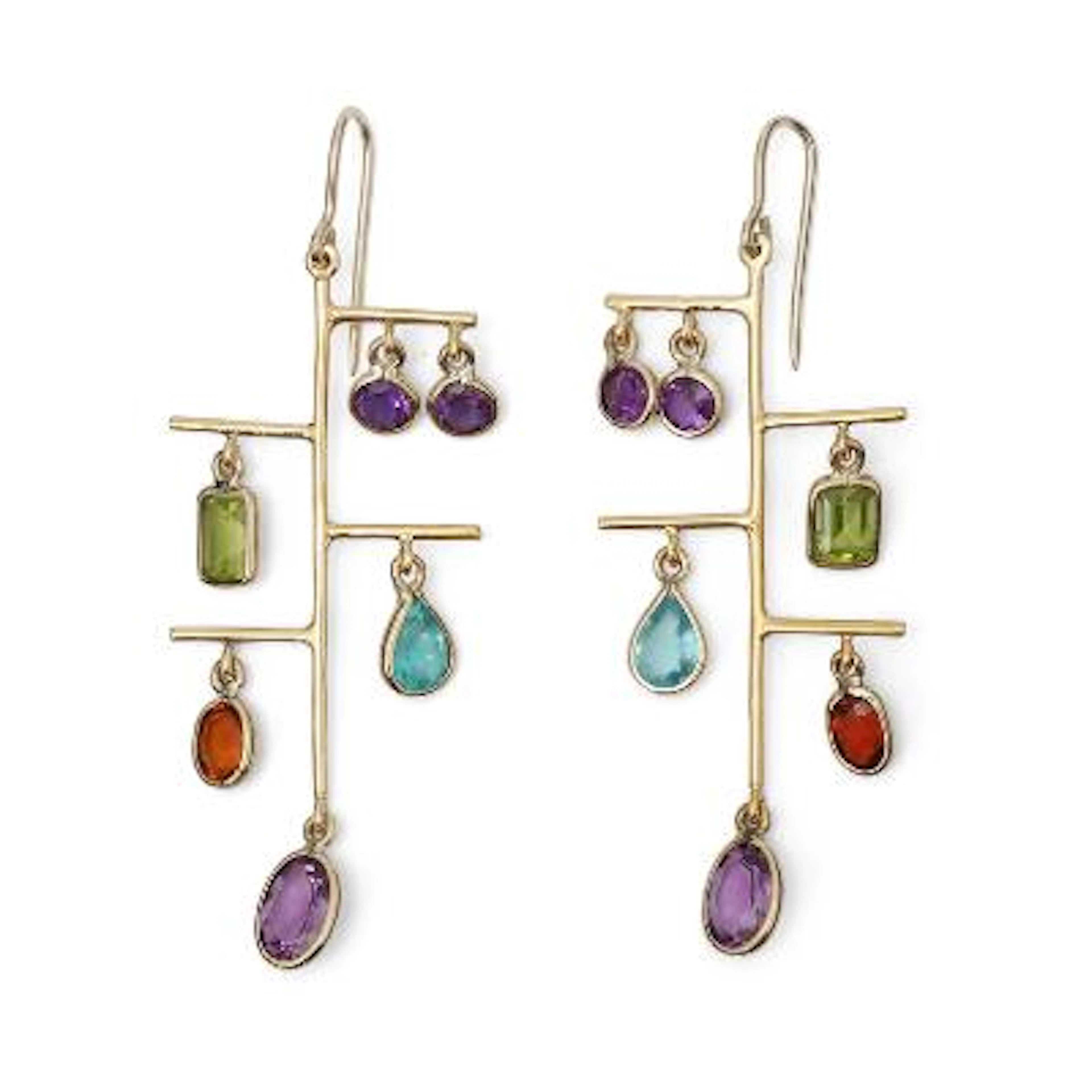 A pair of ear pendants set with amethyst, citrine and tourmaline mounted