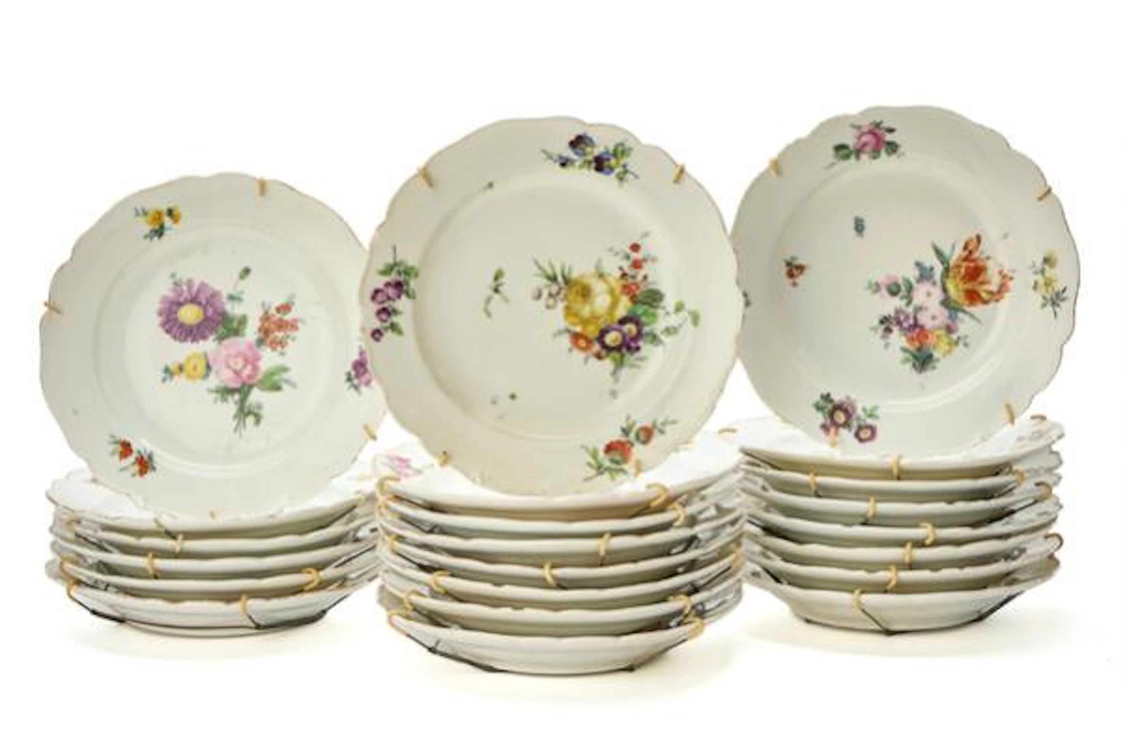 22 porcelain plates, decorated in colors with flowers. The Royal Danish