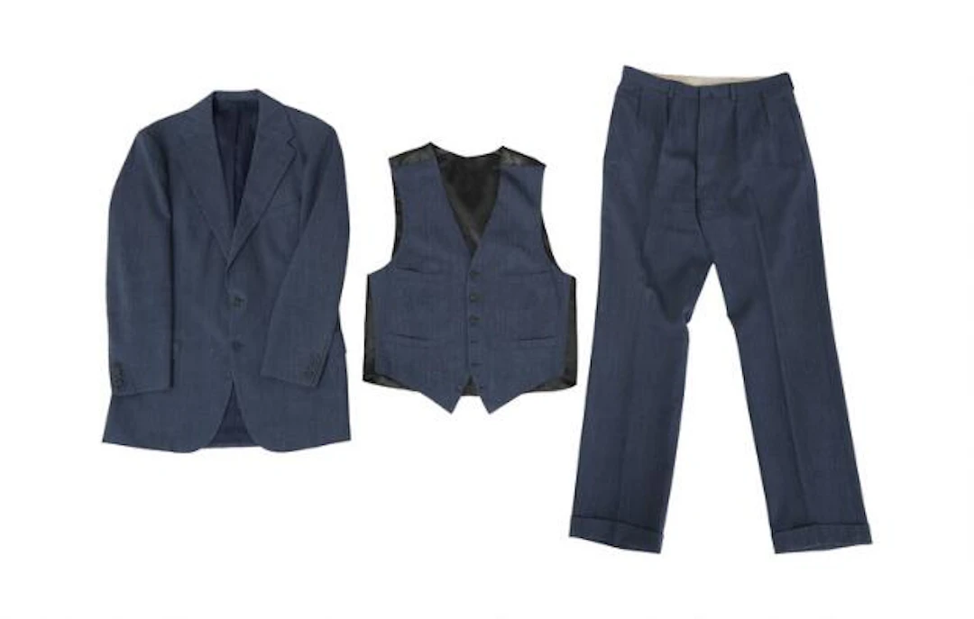 Alfred Alm: A three-piece business suit in mid-blue herringbone. 1984.