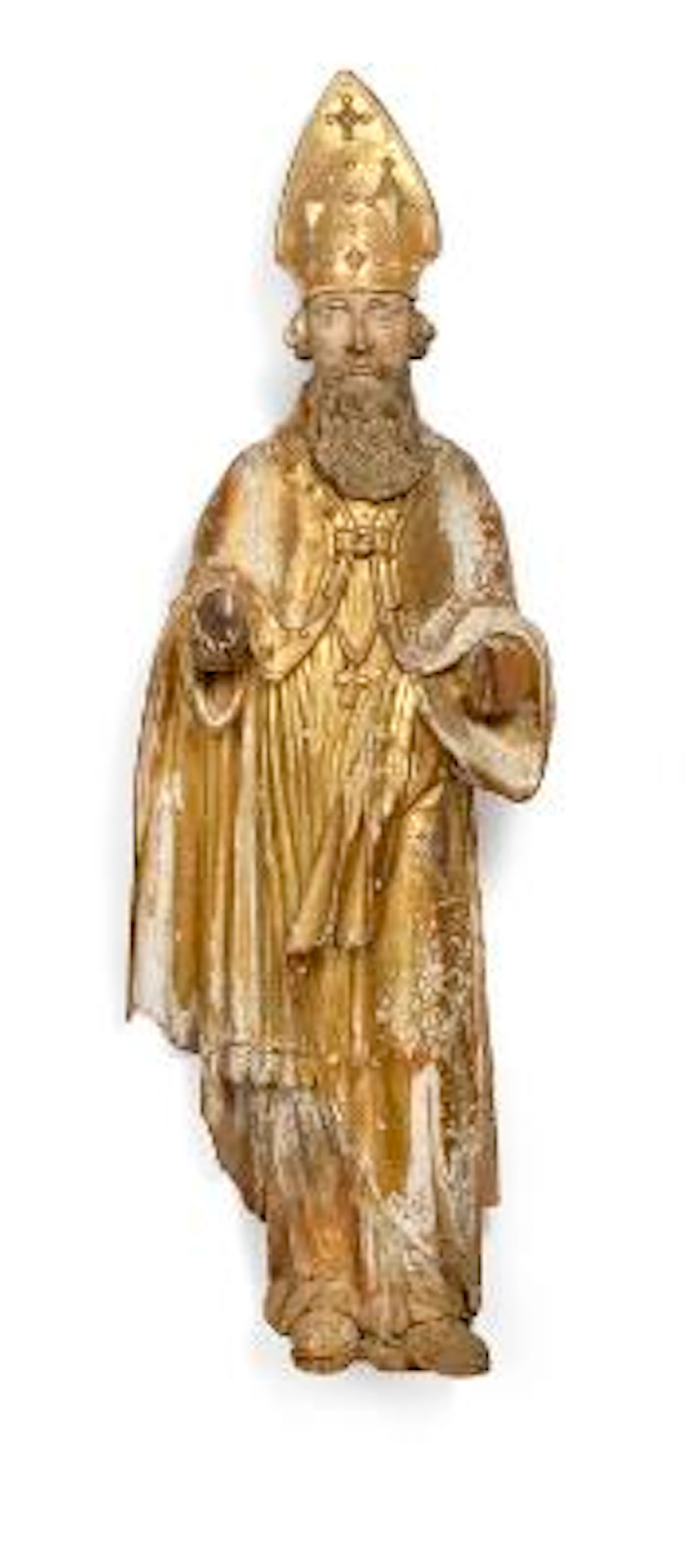 A figure of carved gilded and painted wood in the form of a bishop