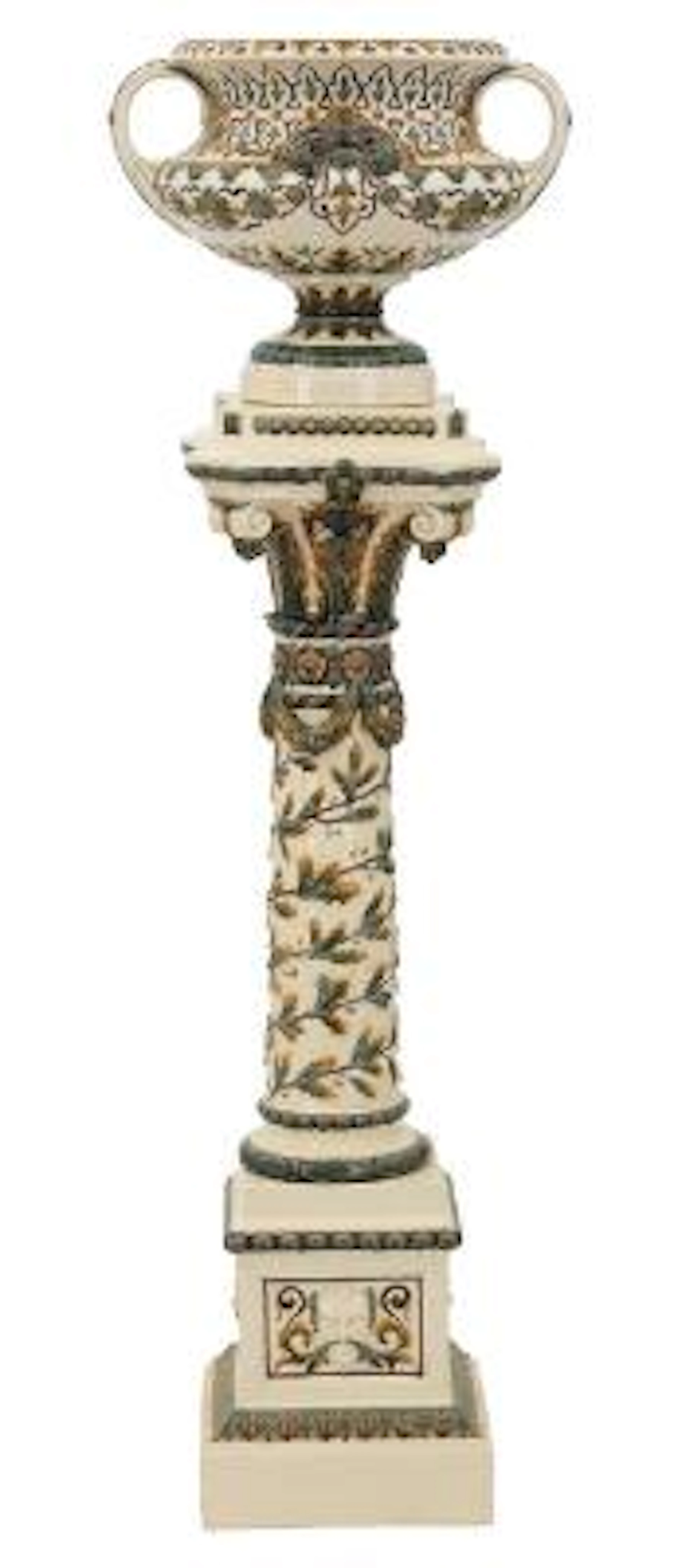 Majolica vase and pedestal modeled with foliage, masques and design