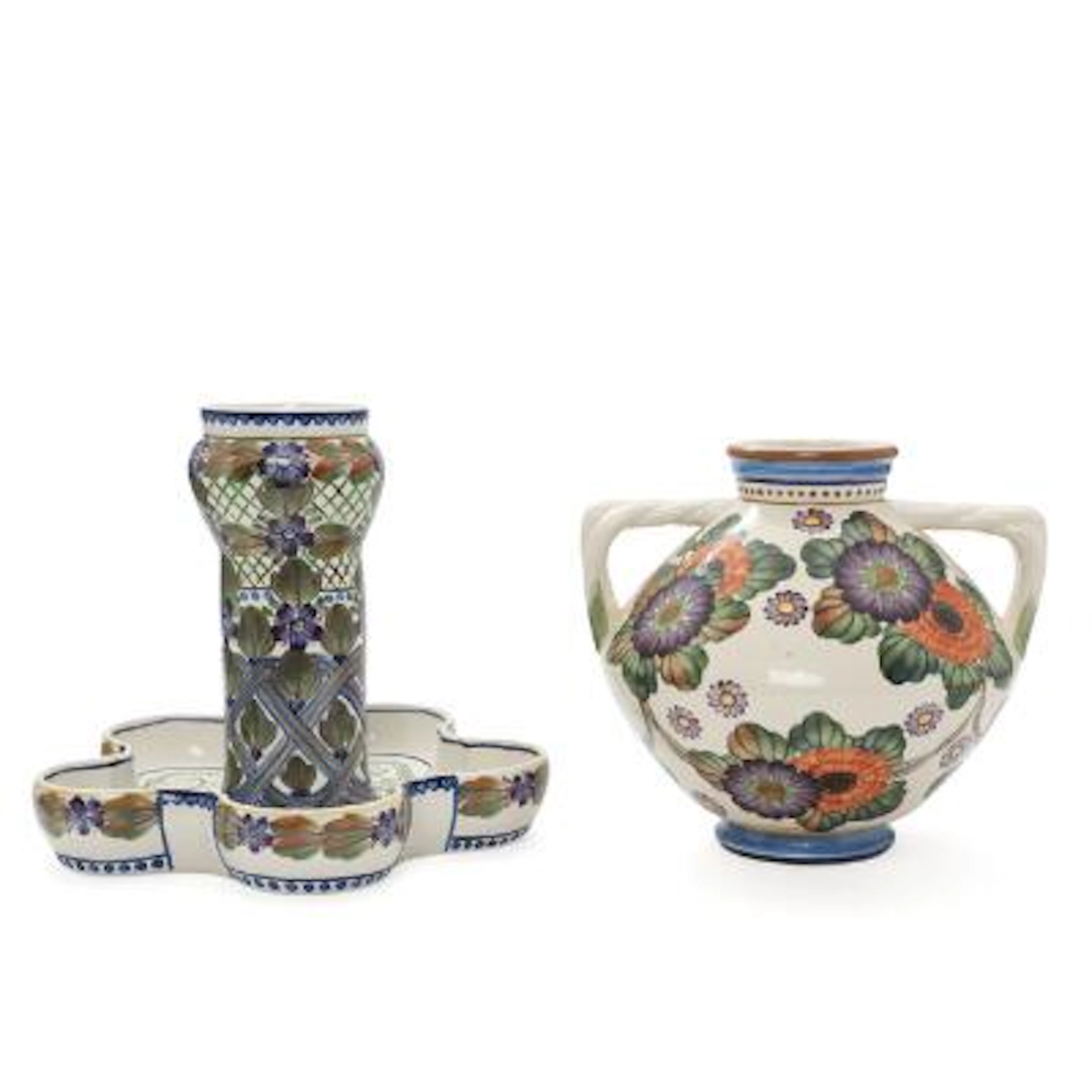 Harald Slott-Møller: Faience centrepiece and vase with two twisted