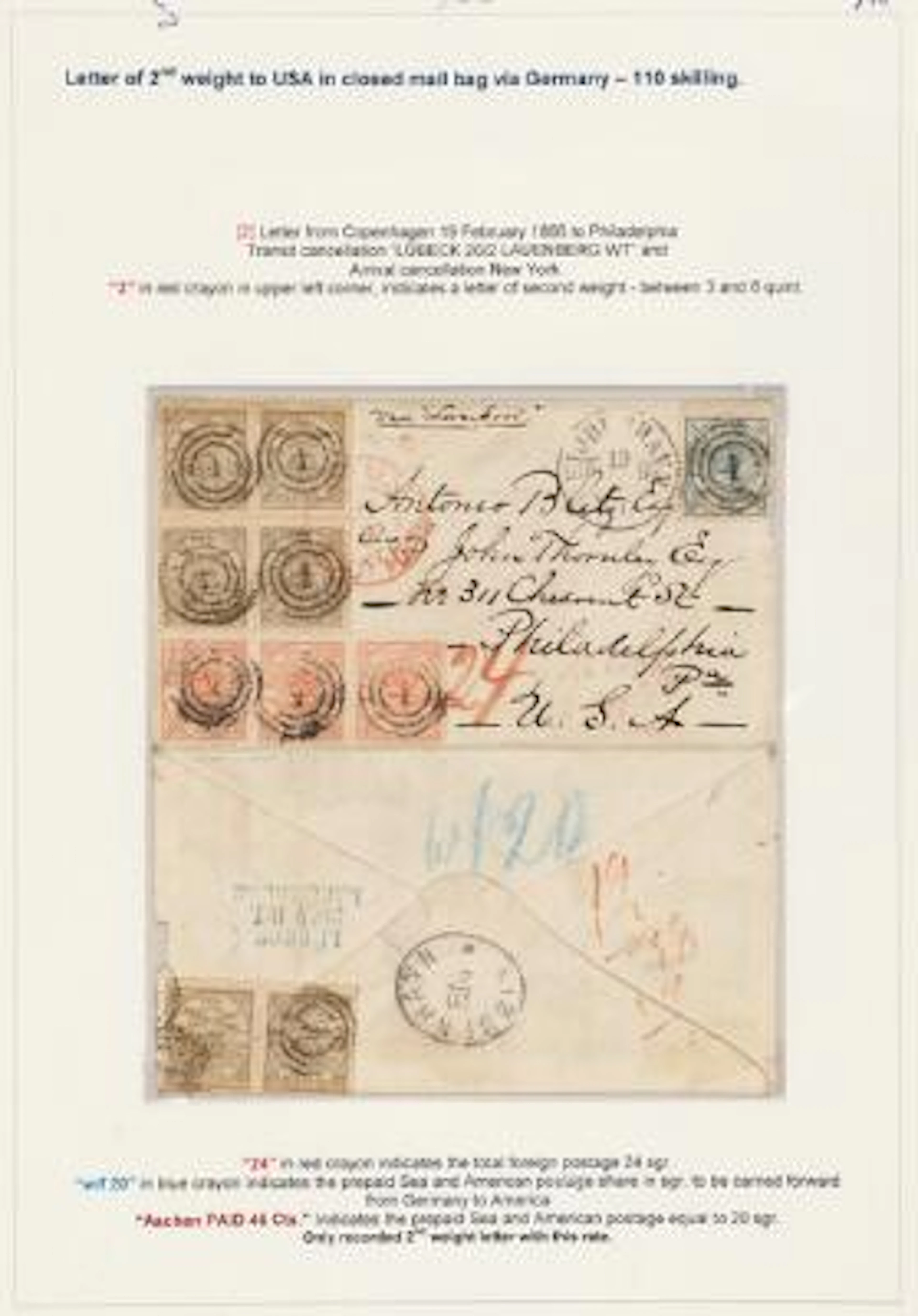 1864. 2 sk. blue and strip of 3 4 sk. red + 3 pairs 16 sk. olive.