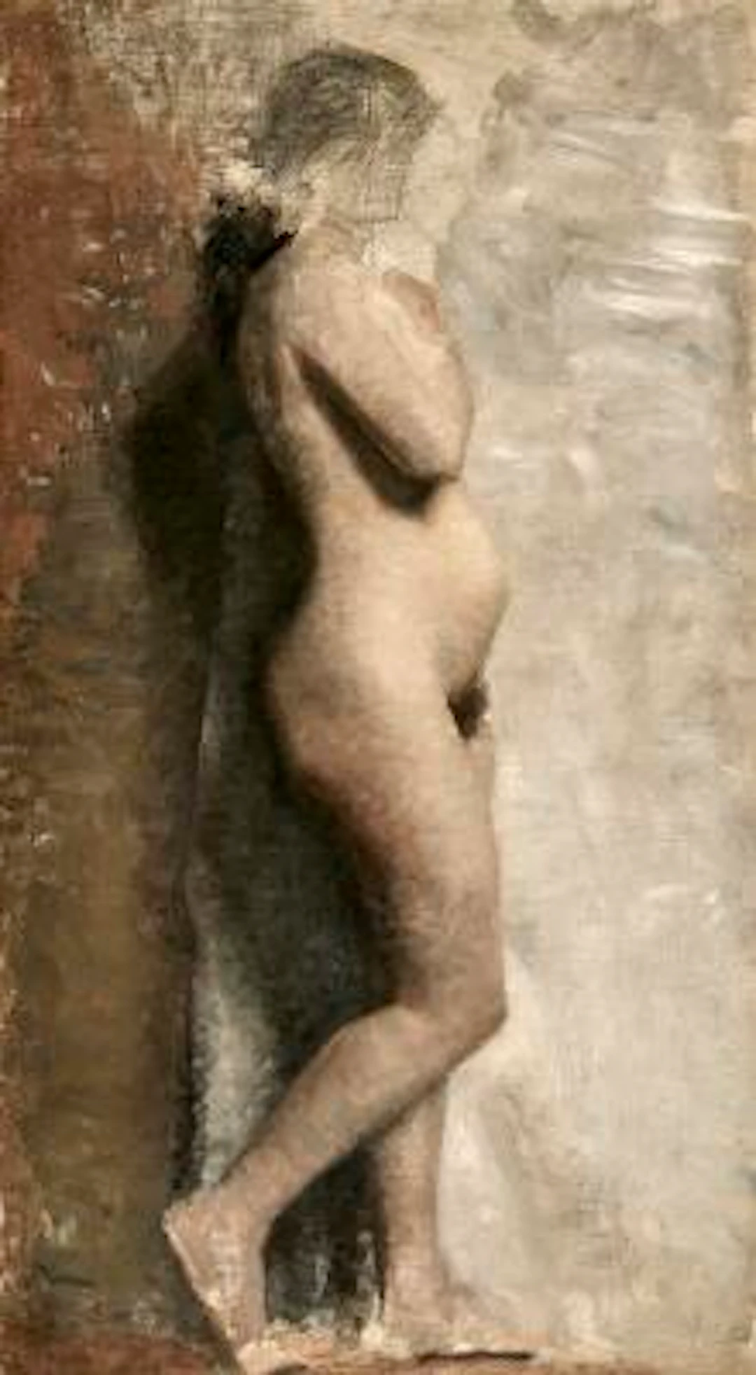 Vilhelm Hammershøi: Female nude. Standing. In profile towards right.