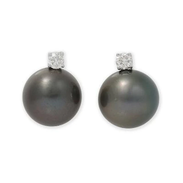 A pair of ear studs each set with a Tahitian cultured pearl and a