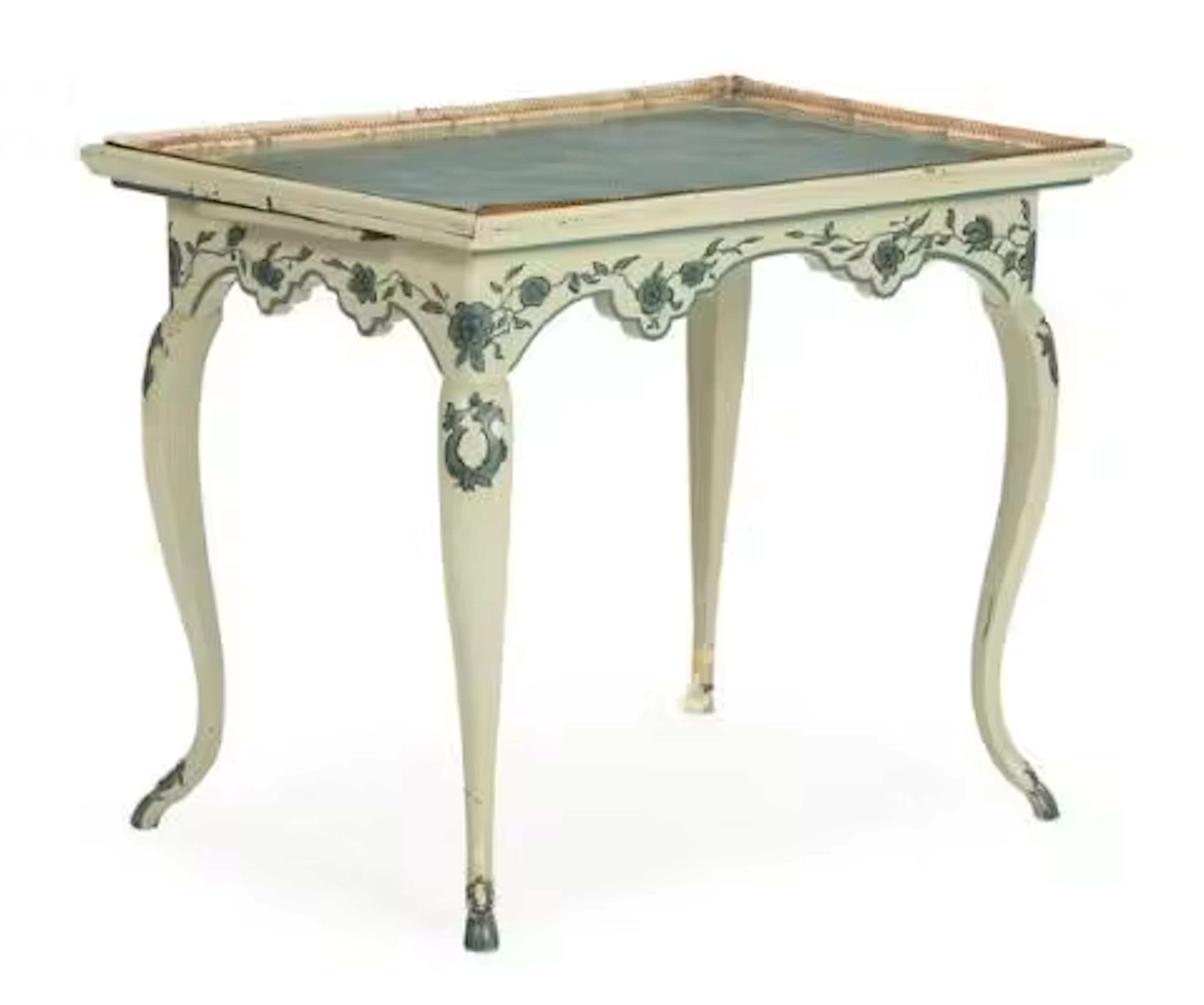 A 19th century Rococo style tray table, removable patinated brass