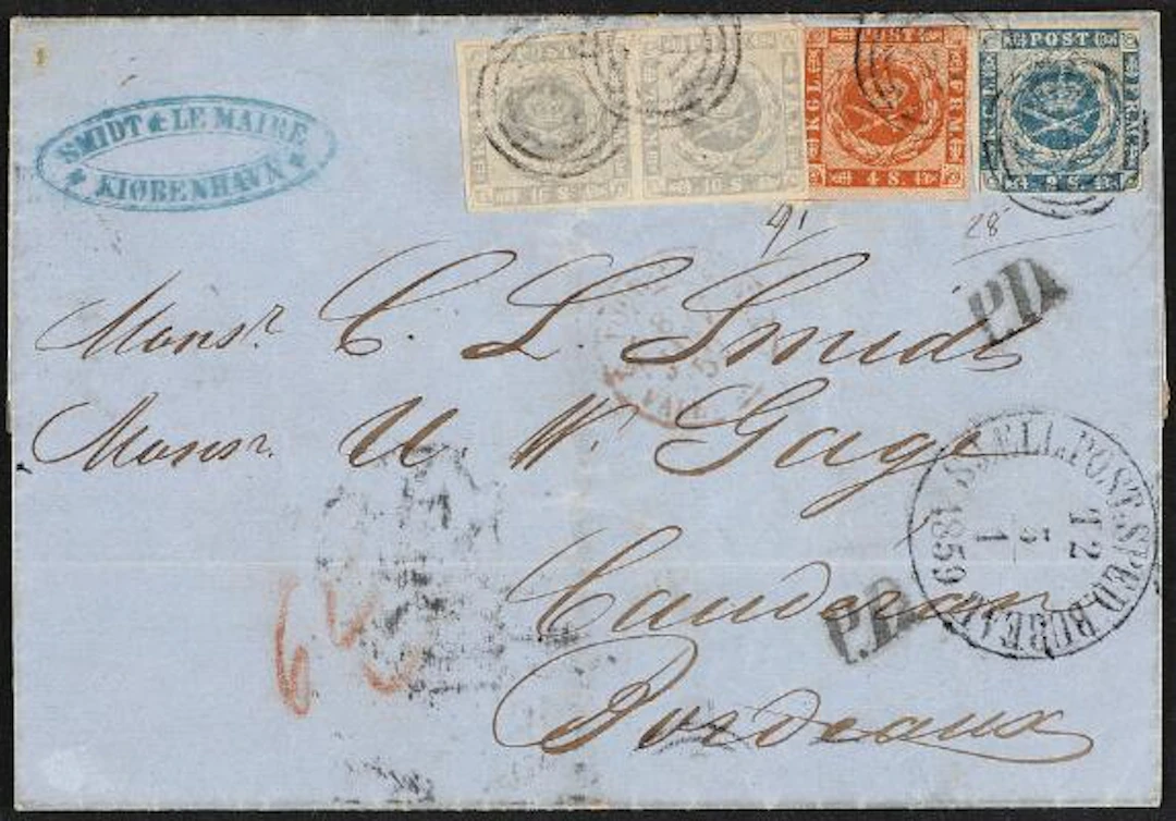 1854. 2 sk. blue and 2 x 16 sk. grey-purple + 4 sk. brown (1858).