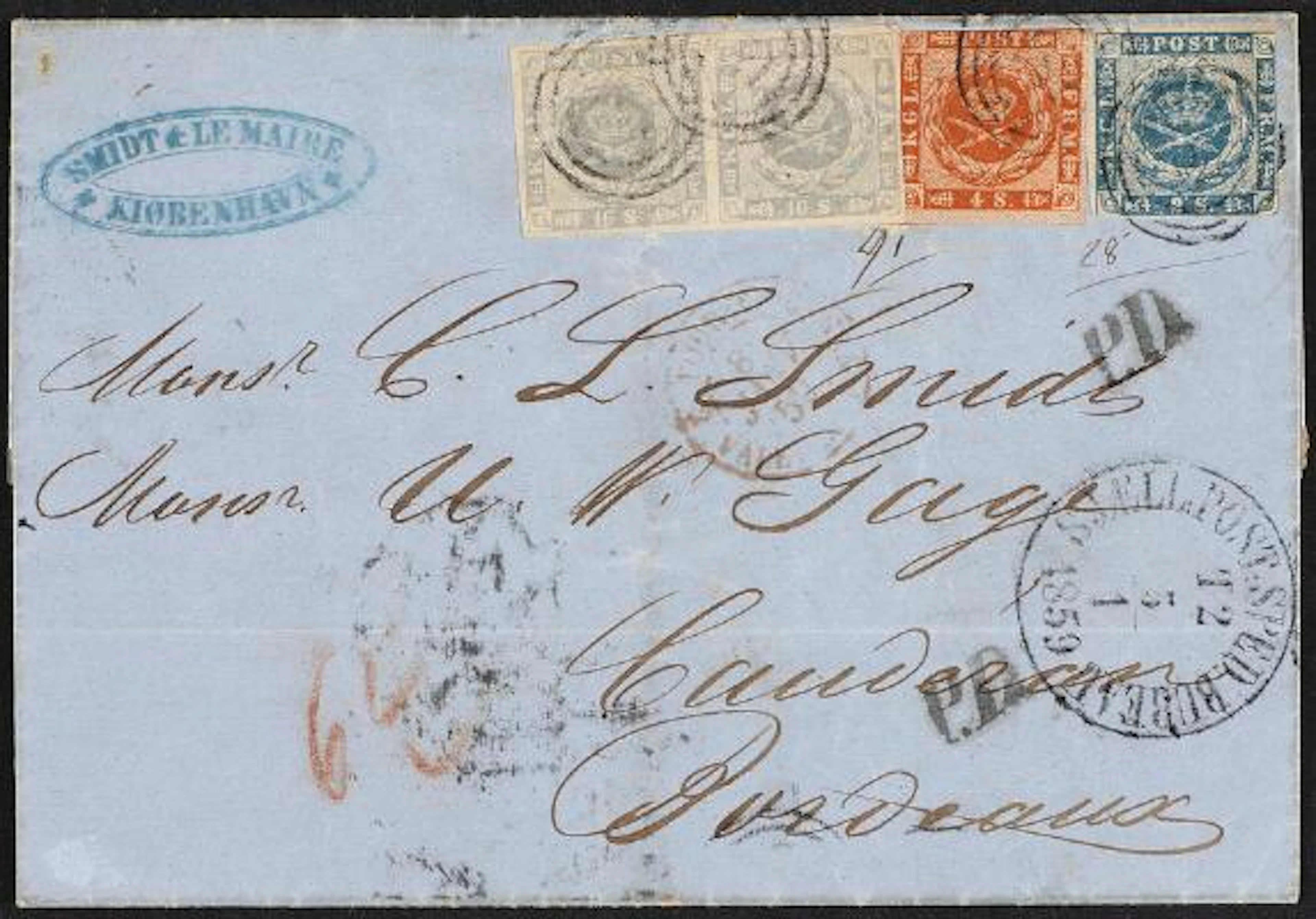 1854. 2 sk. blue and 2 x 16 sk. grey-purple + 4 sk. brown (1858).