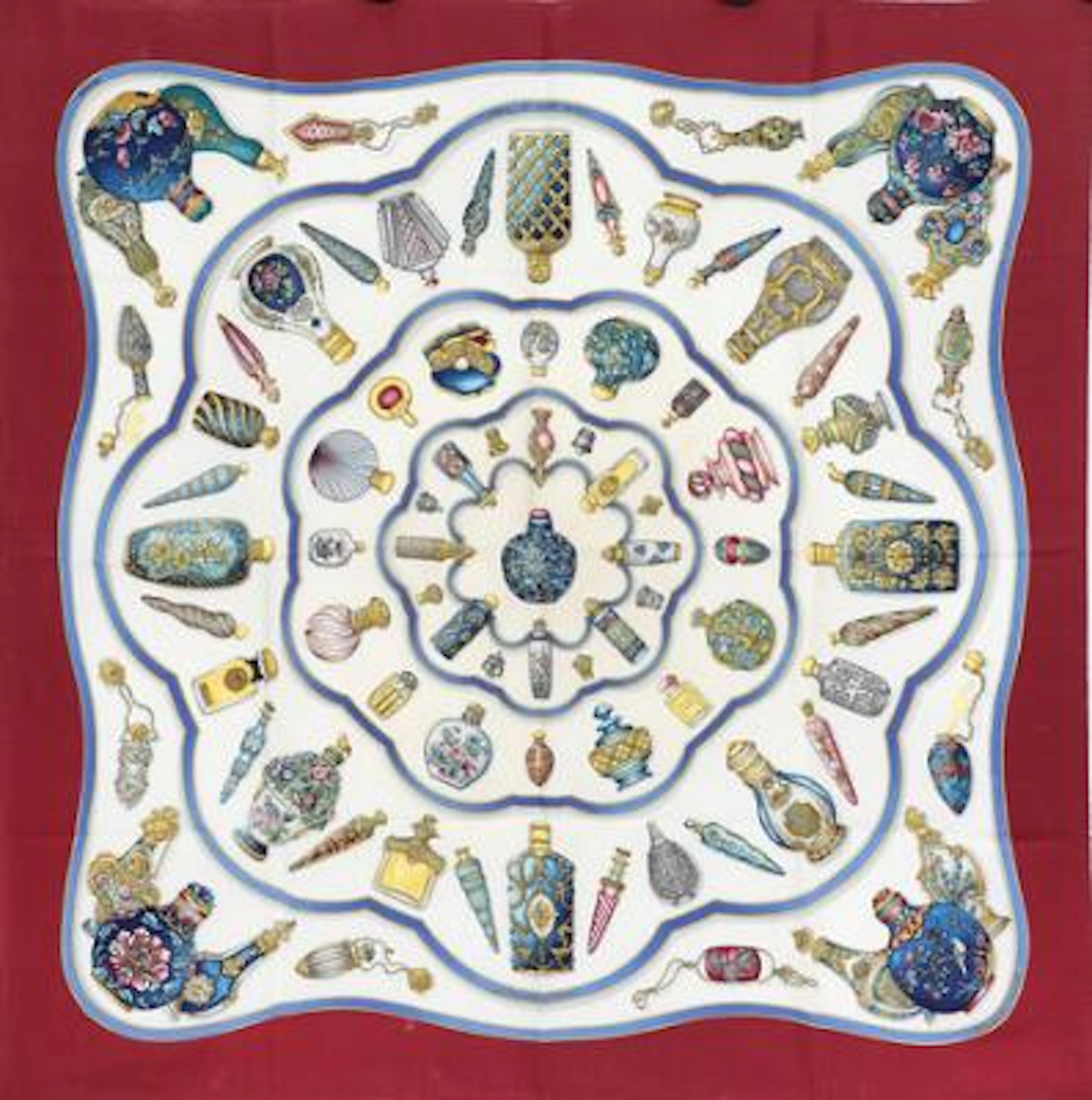 Hermès: A silk scarf with motif “Qu Importe Le Flacon” by Caty Latham.