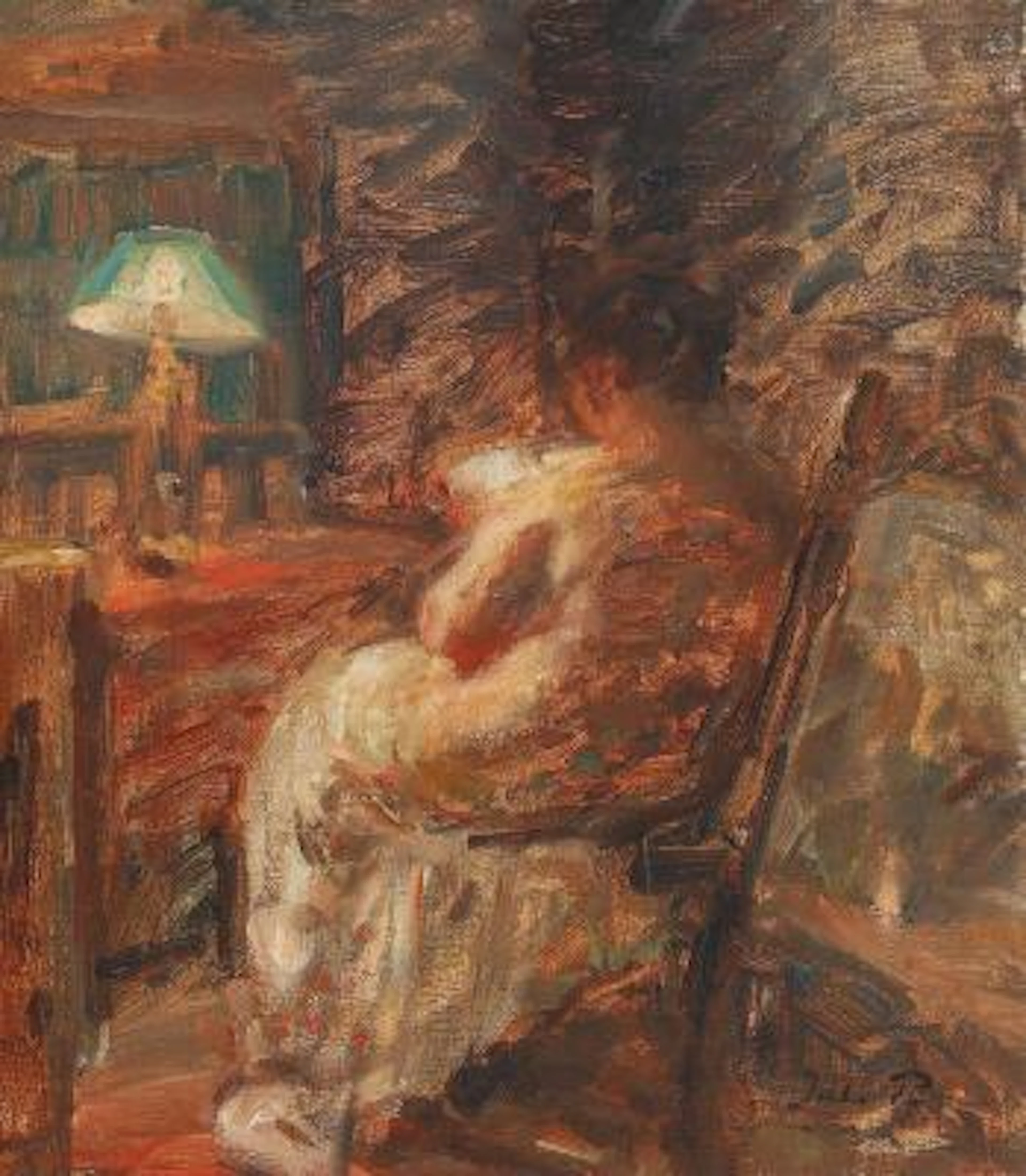 Julius Paulsen: Interior with a reading woman at a desk. Signed Jul.