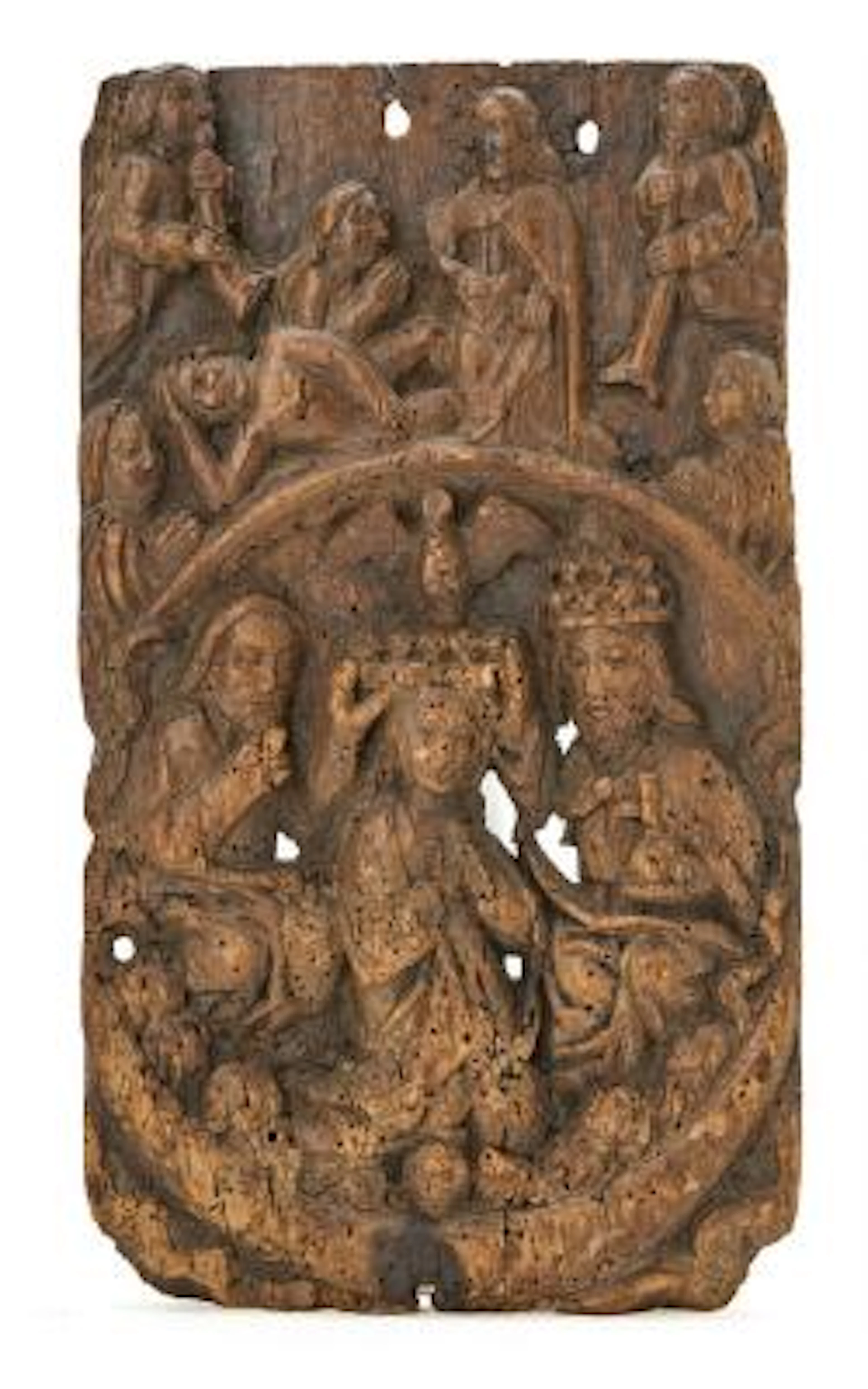 Baroque wood relief carved with the coronation of the virgin Mary.