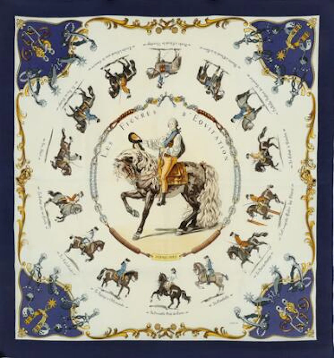Hermès: A scarf with motif "Les Figures d'Equitation" by Philippe
