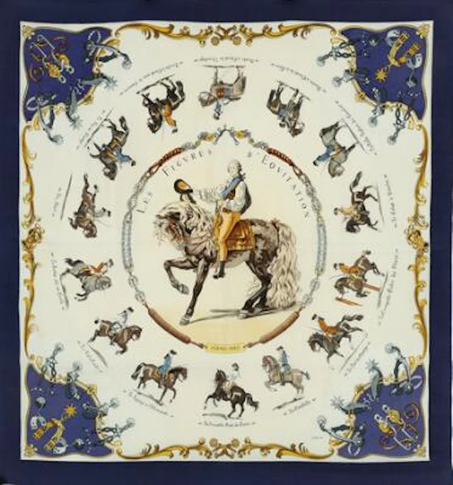 Hermès: A scarf with motif "Les Figures d'Equitation" by Philippe
