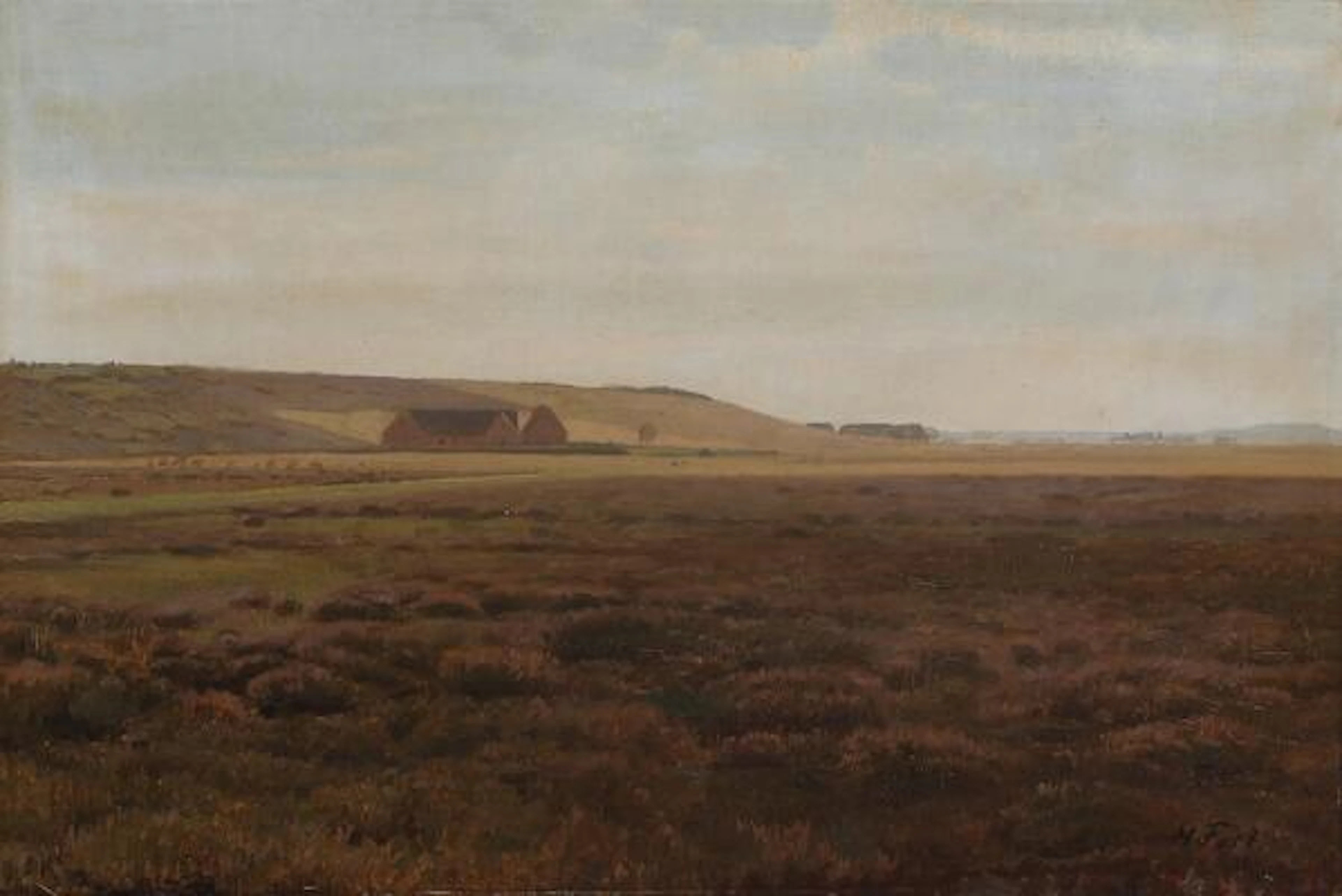 Harald Foss: Heath landscape with a view towards a farm. Signed H.