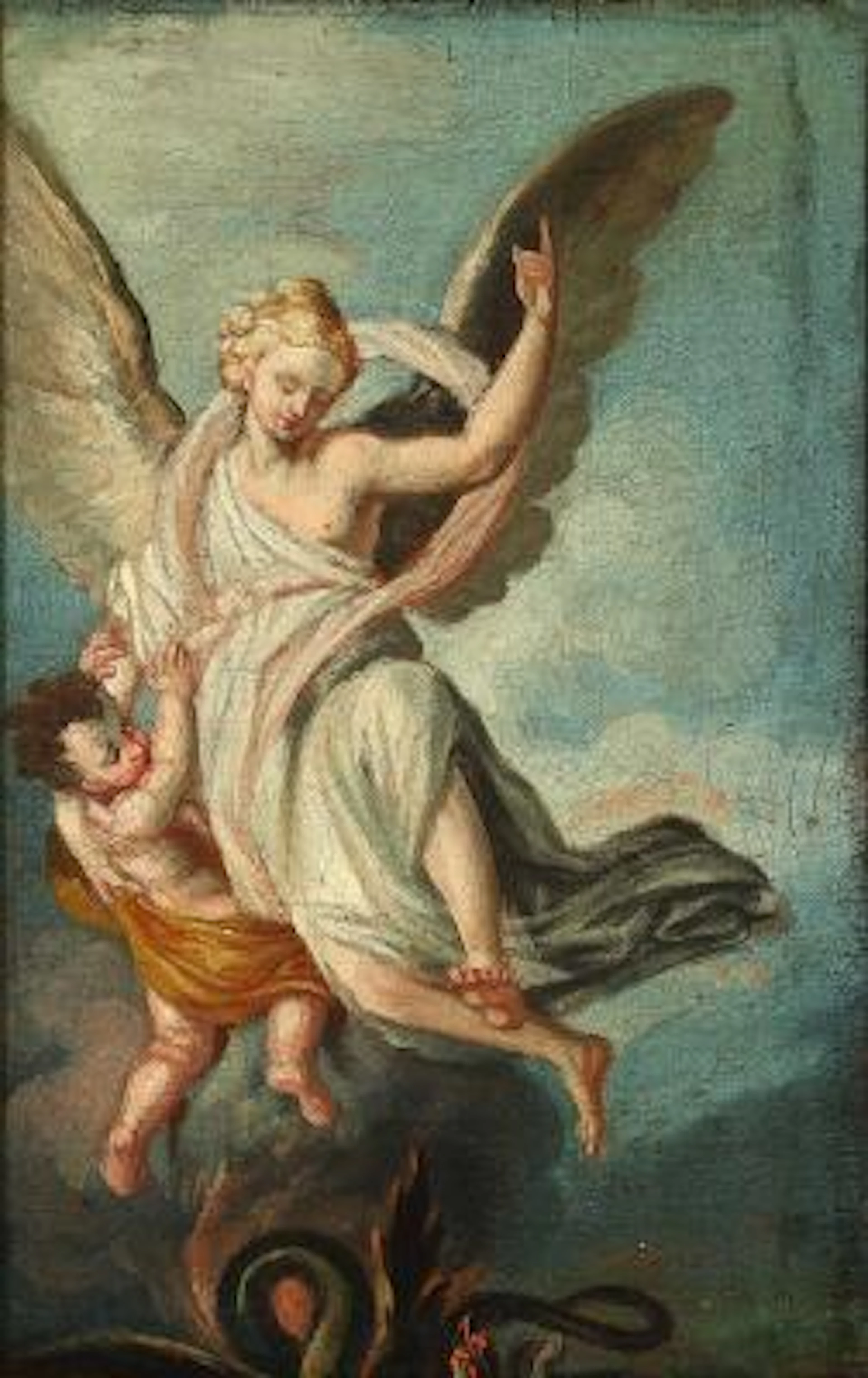 Unknown painter, 18.-19th century: An angel rescuing a child from