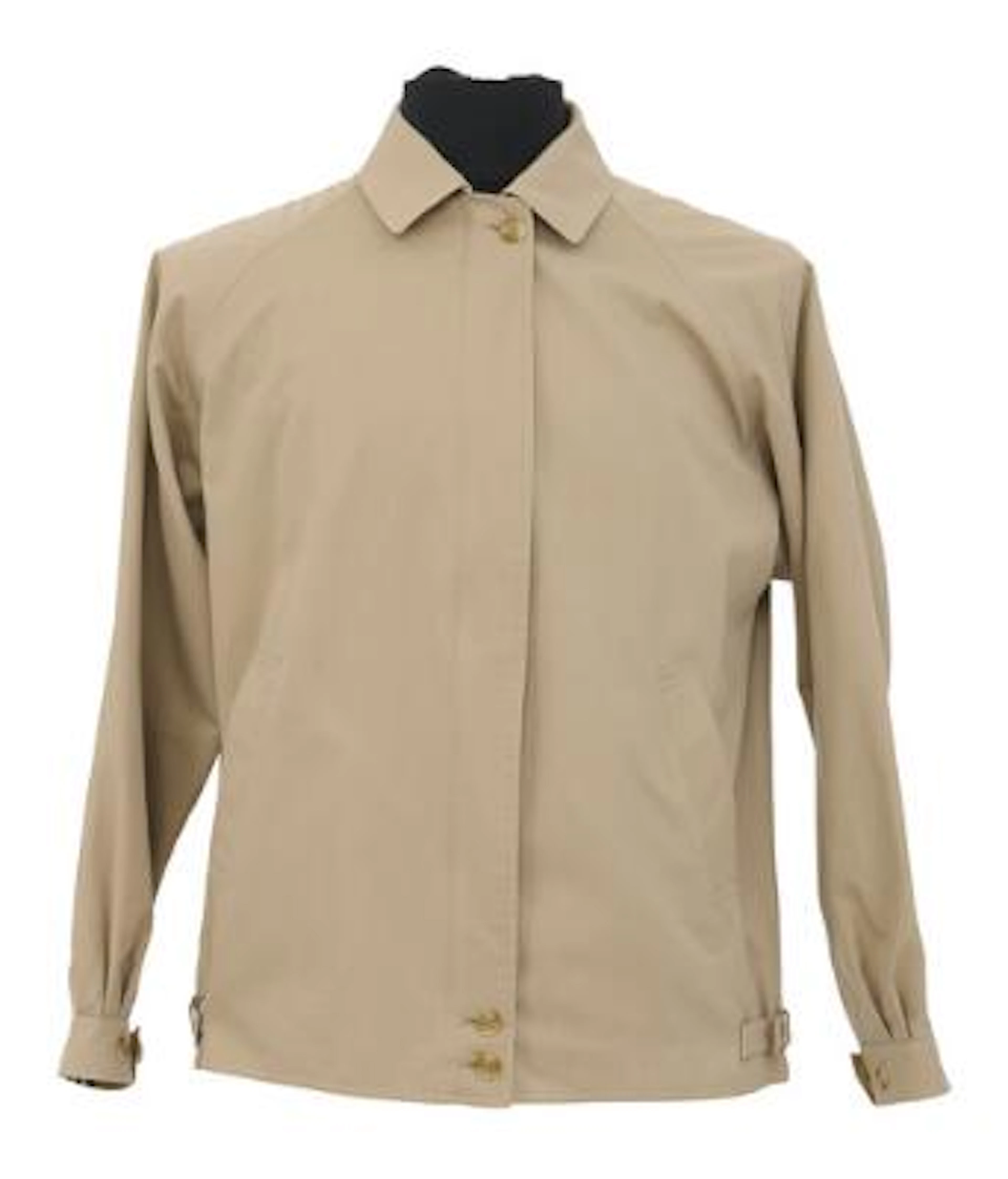 Burberry: A short beige trench coat with button and zip closure. App.