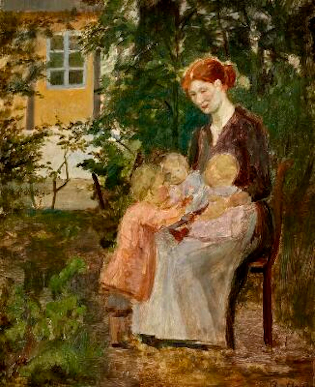 Anna Ancher: A mother in a garden in Skagen with her three children.