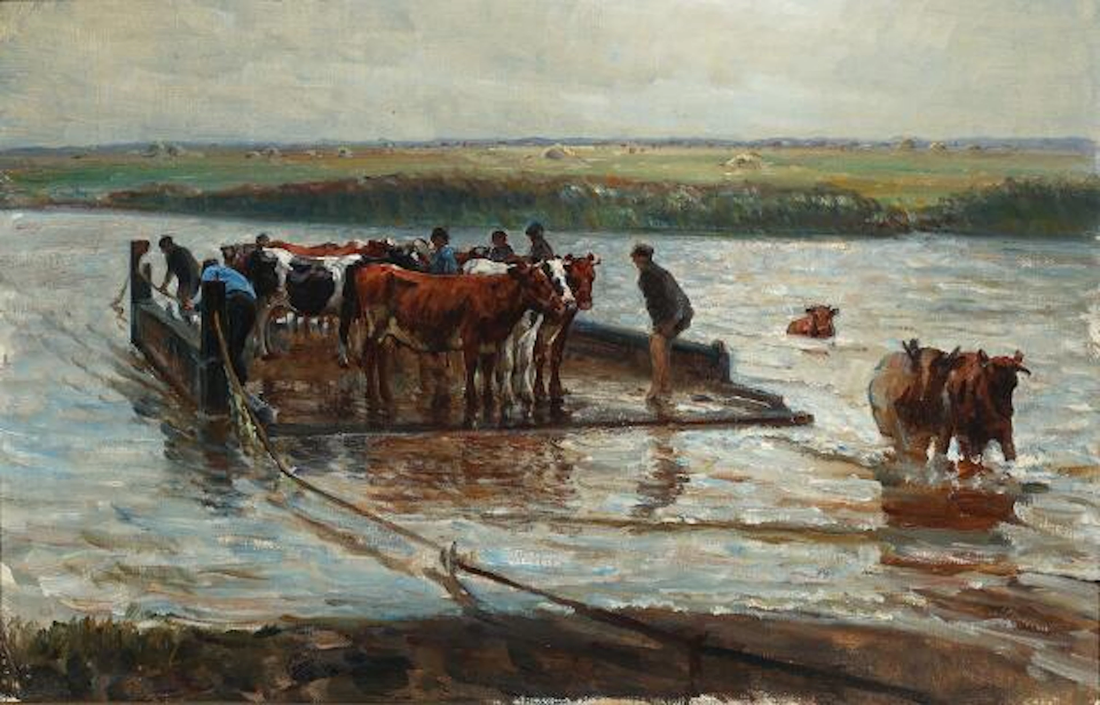 N. P. Mols: View from Ribe Å with ferrying cattle. Unsigned. Oil on