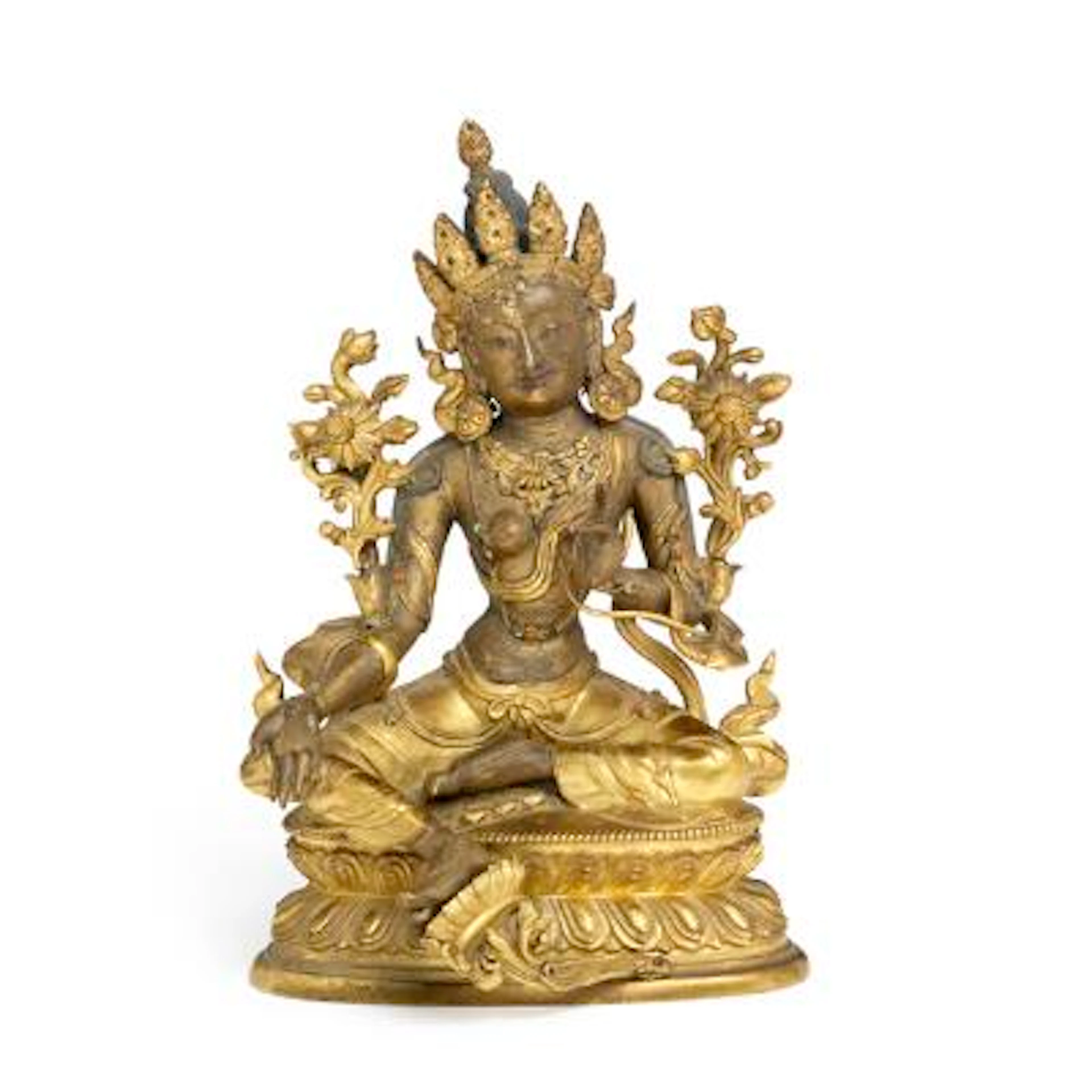 A Chinese gilt copper alloy figure of Green Tara. 18th century. Weight