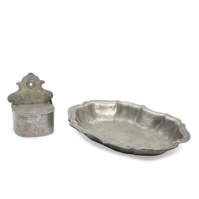 A wall-hung pewter salt container and an Italian dish. 19th and 20th