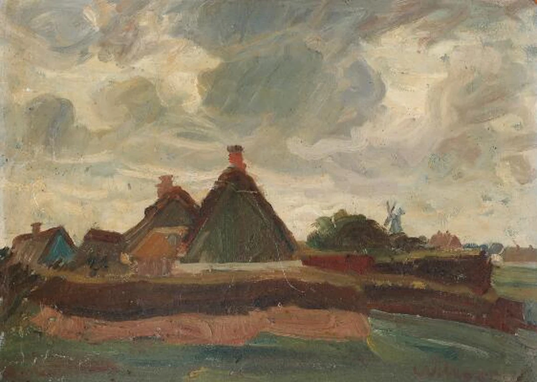 August Wilckens: "Dorf am Meer". Signed Wilckens. Oil on cardboard.