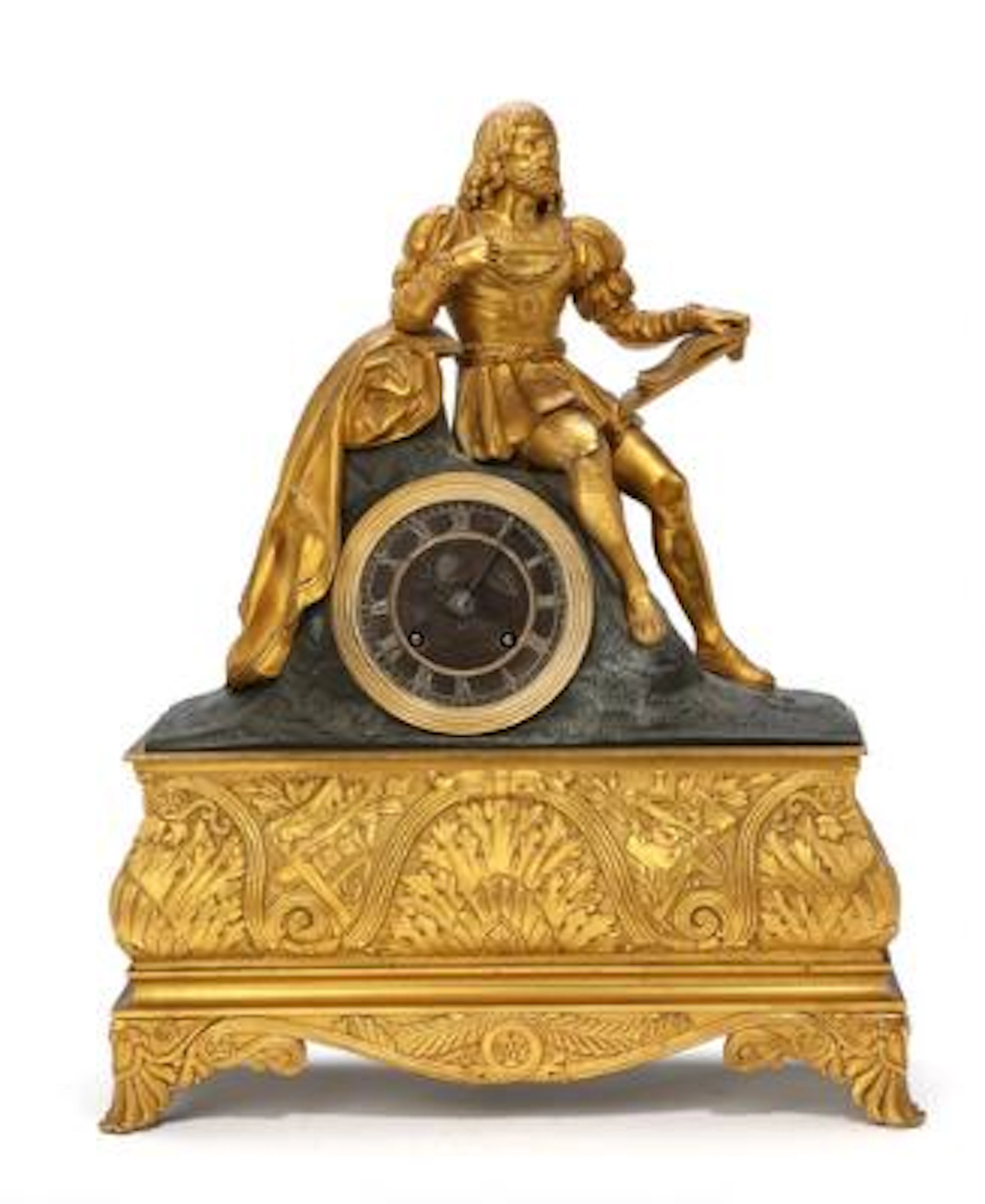 A French Charles X figural gilt and patinated bronze table clock.