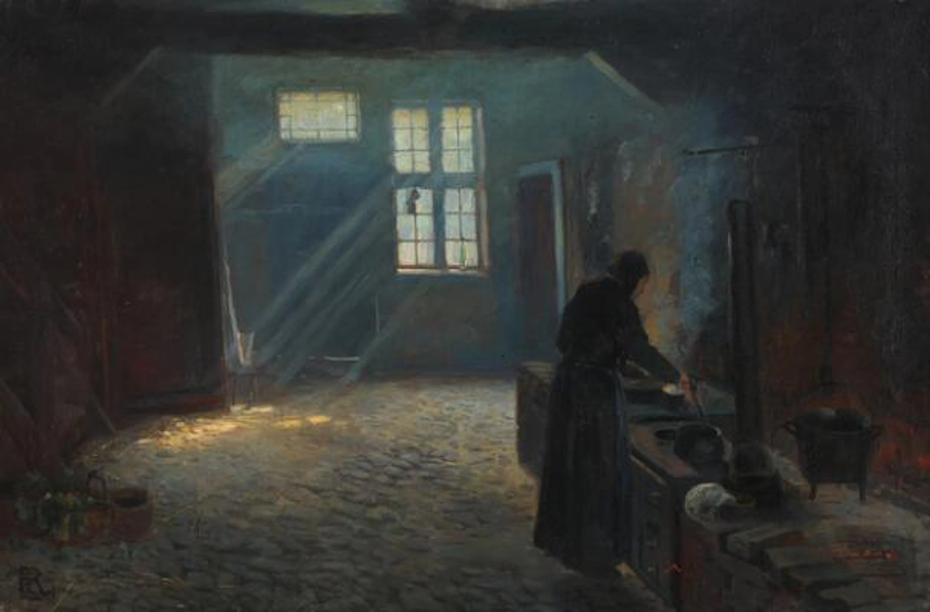 Lars Rastrup: Interior with woman in sunlight. Signed RE. Oil on canvas.