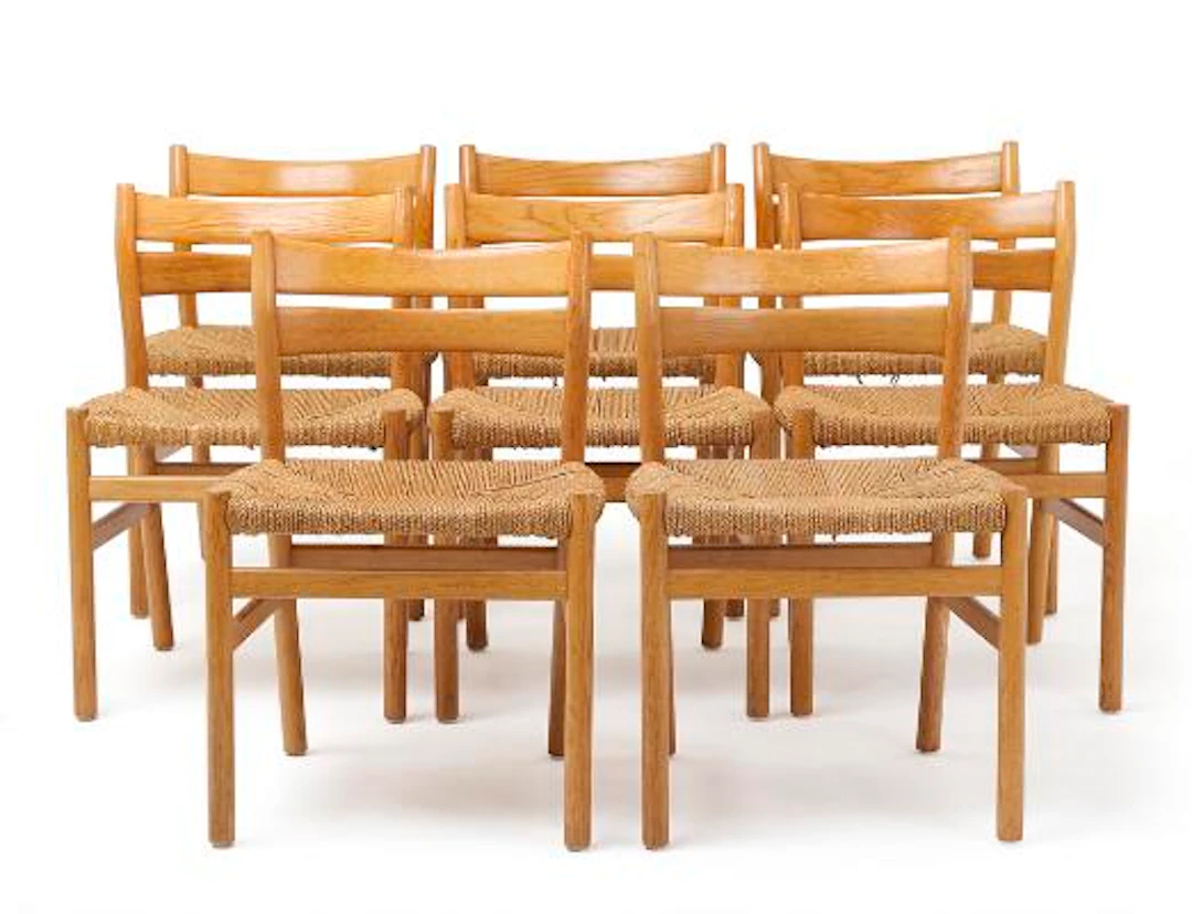 Børge Mogensen: "BM 1". Set of eight oak chairs with woven cane seats.
