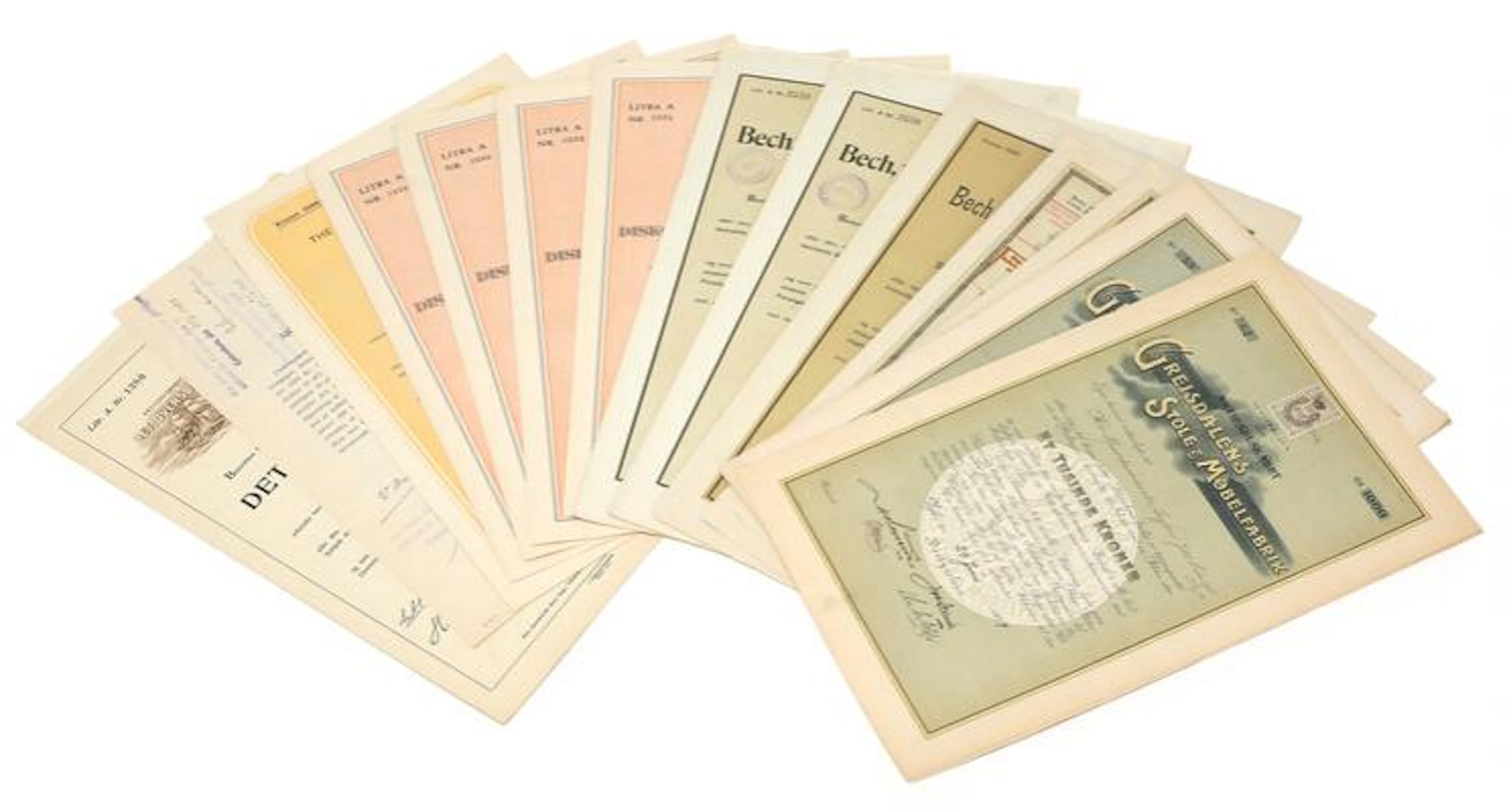 Collection of Danish share certificates, in total 15 pcs of which