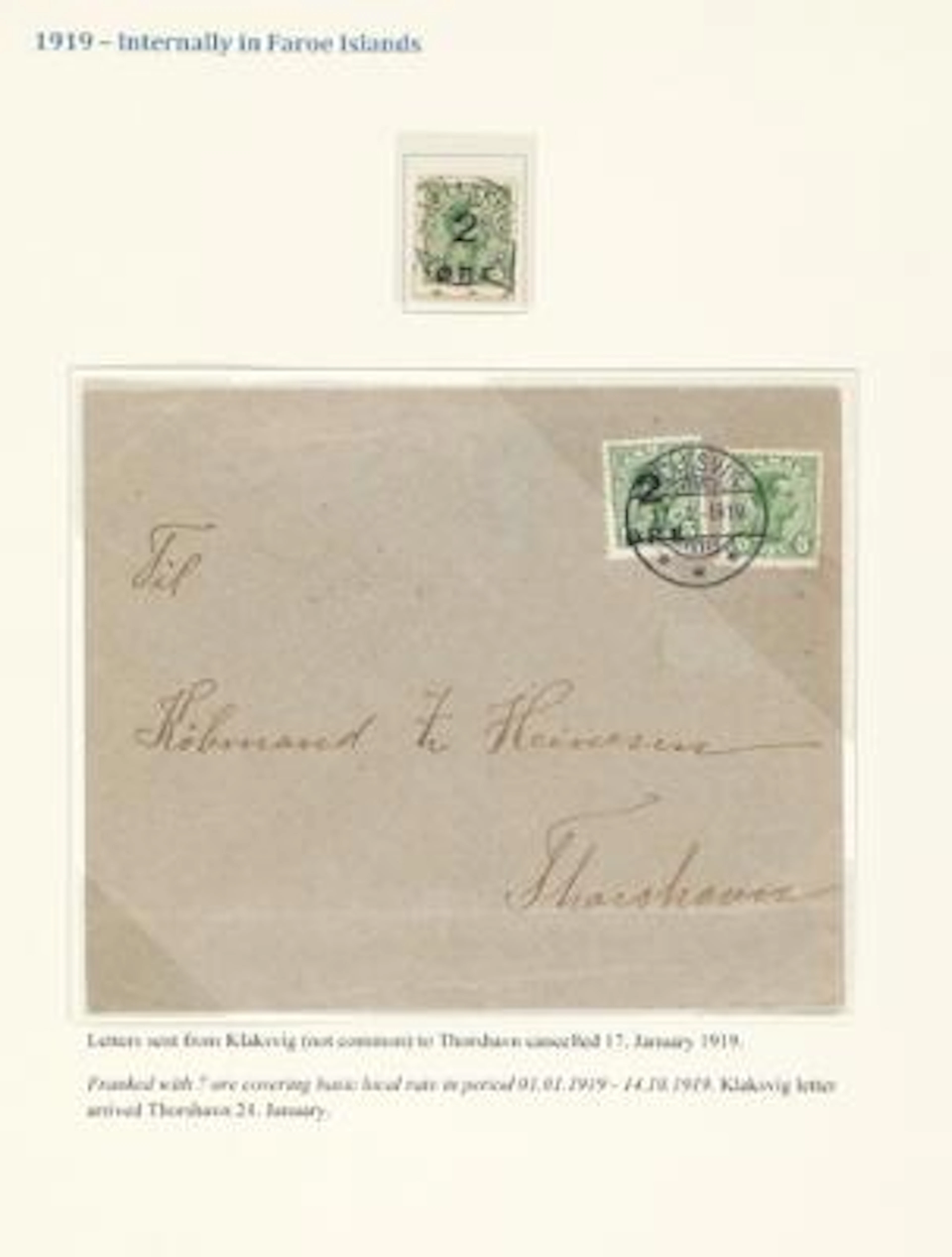 Faroe Islands. Surcharge. 2/5 Øre, green., Single and cov er, both