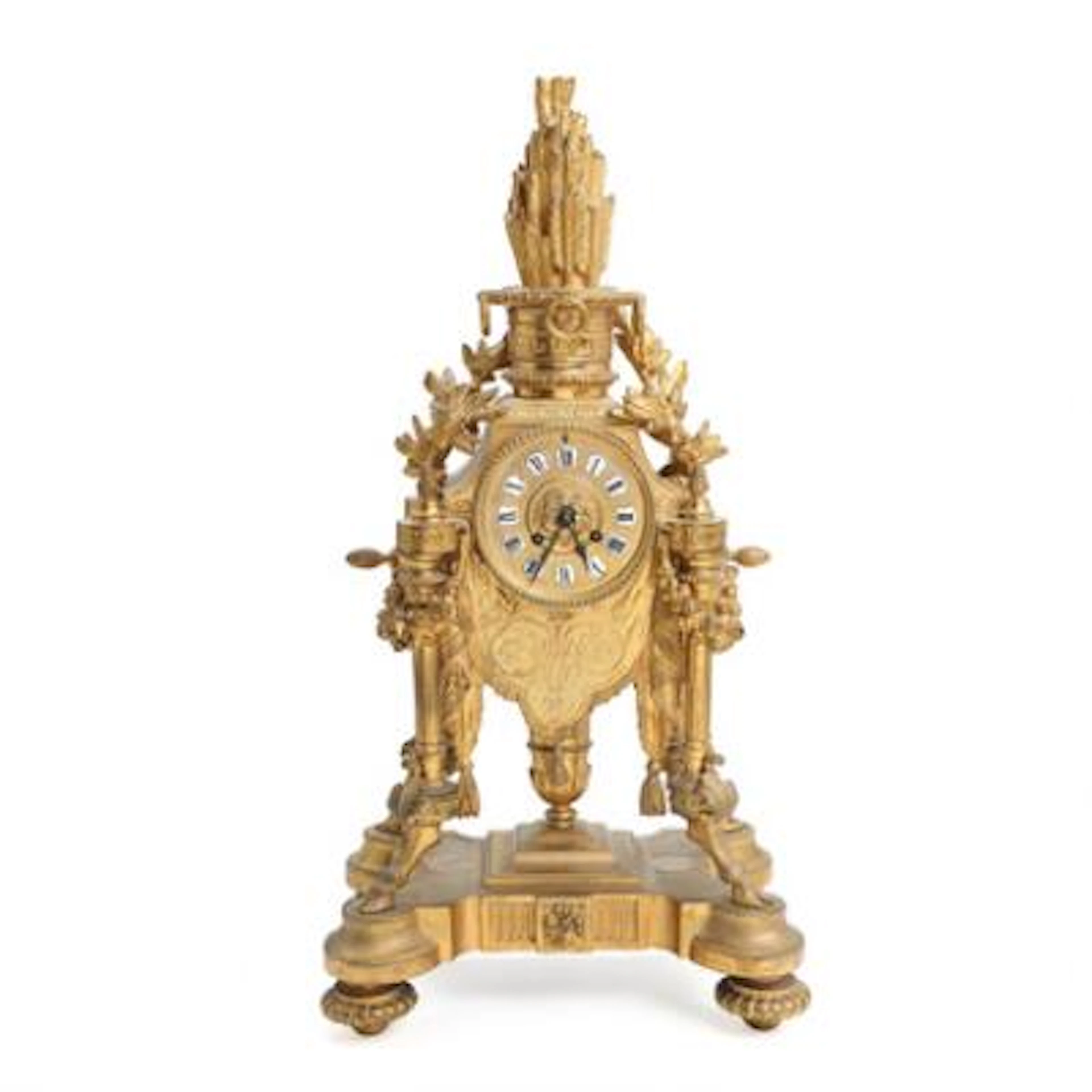 French console clock of gilded bronze, richly cast with foliage, garlands